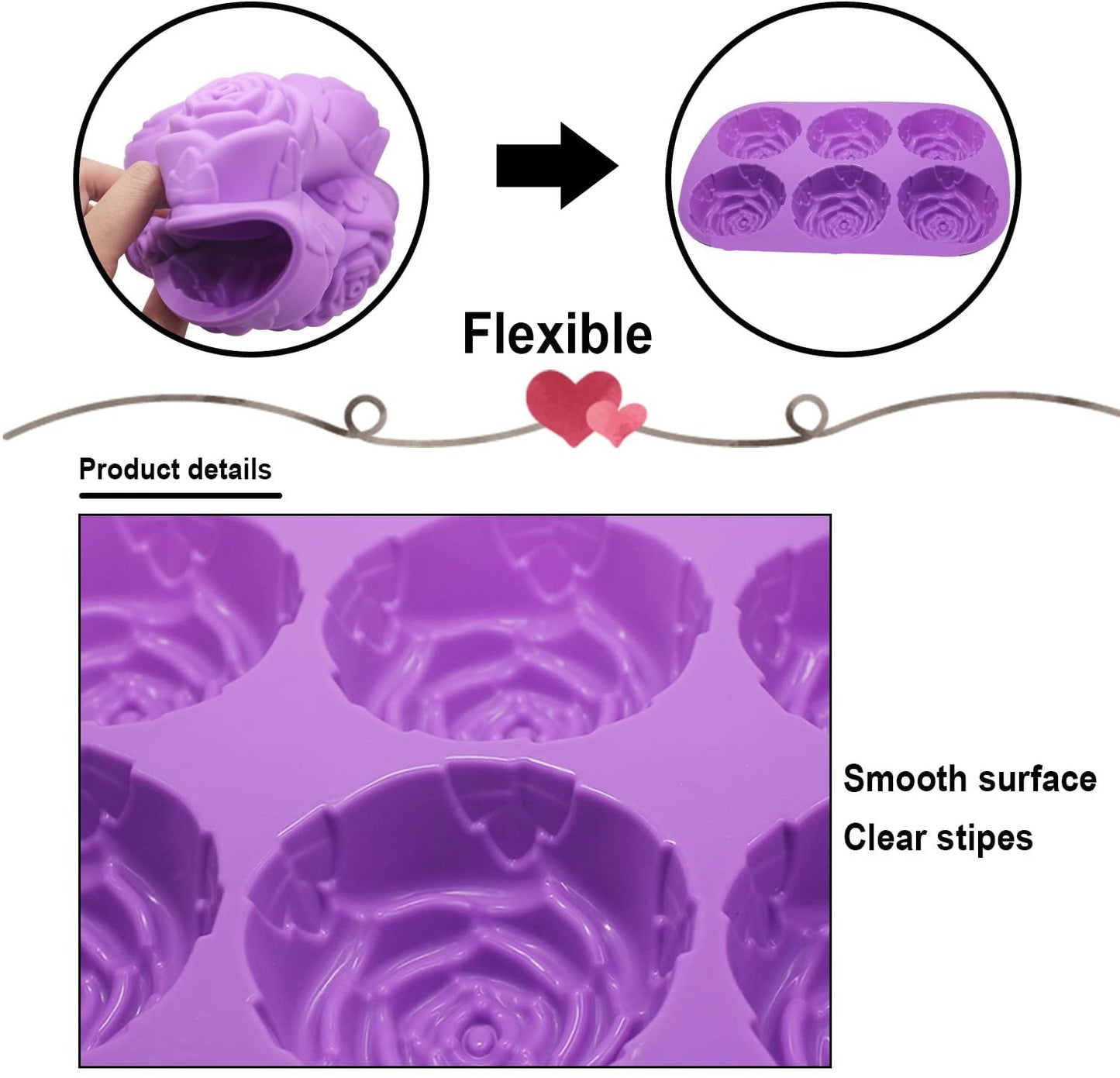 Large Rose Flower Silicone Tray for Cake Bread Pudding Chocolate Muffin Soap, 6-Cavity 3D Ice Cube Handmade Molds- Purple & Blue & Pink