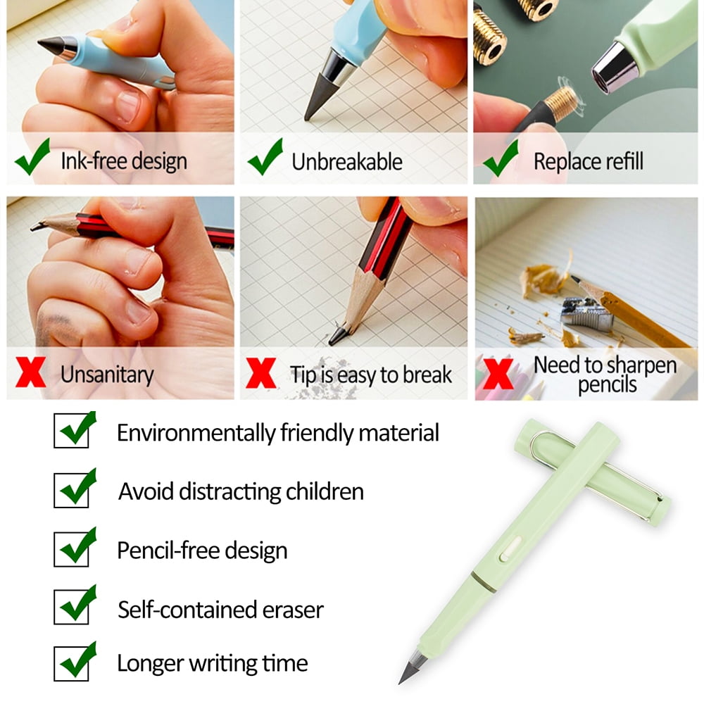 RETON 8Pcs Everlasting Pencil, Infinite Reusable Pencils with 8pcs Replacement Nibs, Inkless Eternal Pencils for Writing Painting Sketching