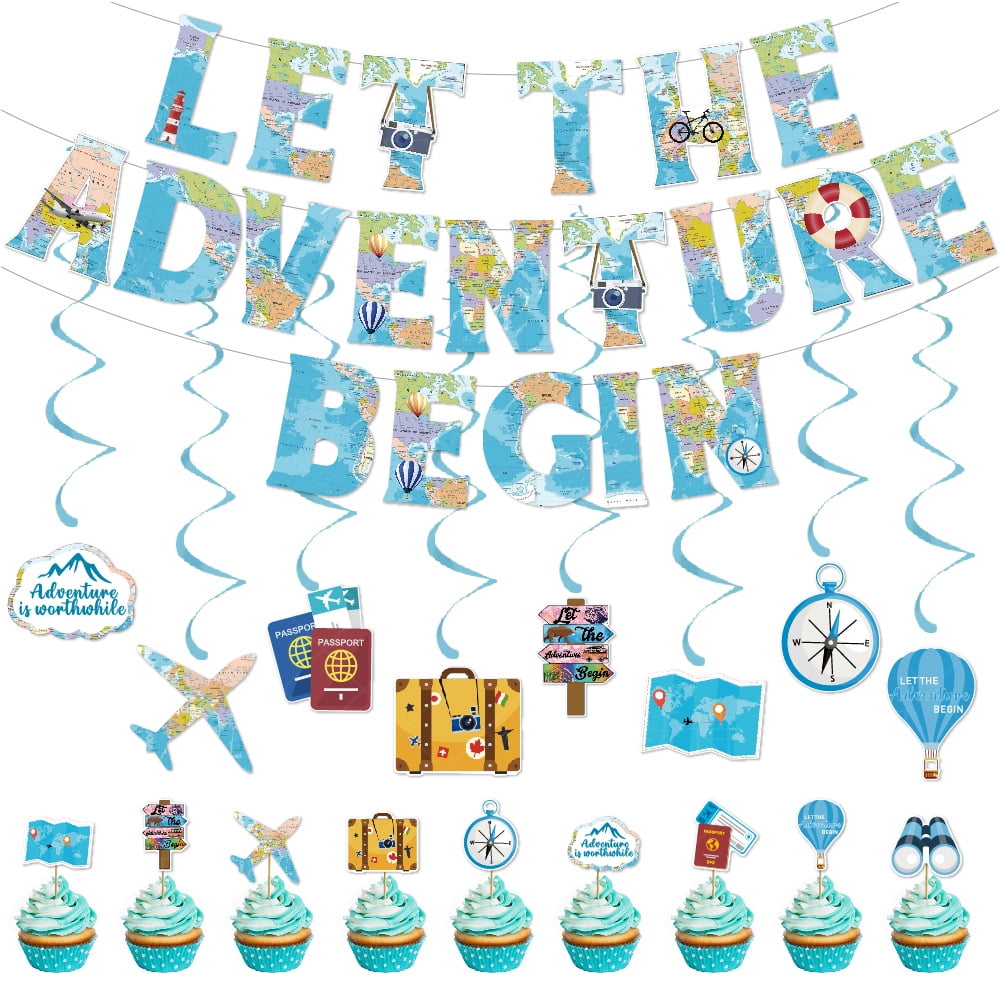 16 Pieces Travel Themed Party Decorations Let the Adventure Begin Banner Bon Voyage Party Decorations Travel Honeycomb Centerpieces for Trav