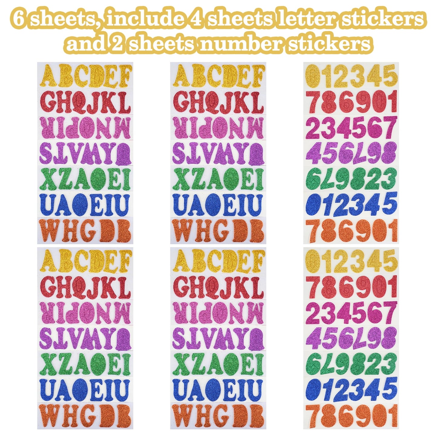 QUMENEY Glitter Foam Letters Stickers 6 Sheets Randomized style Self Adhesive Alphabet Number Stickers,Craft Embellishments for Decorating S