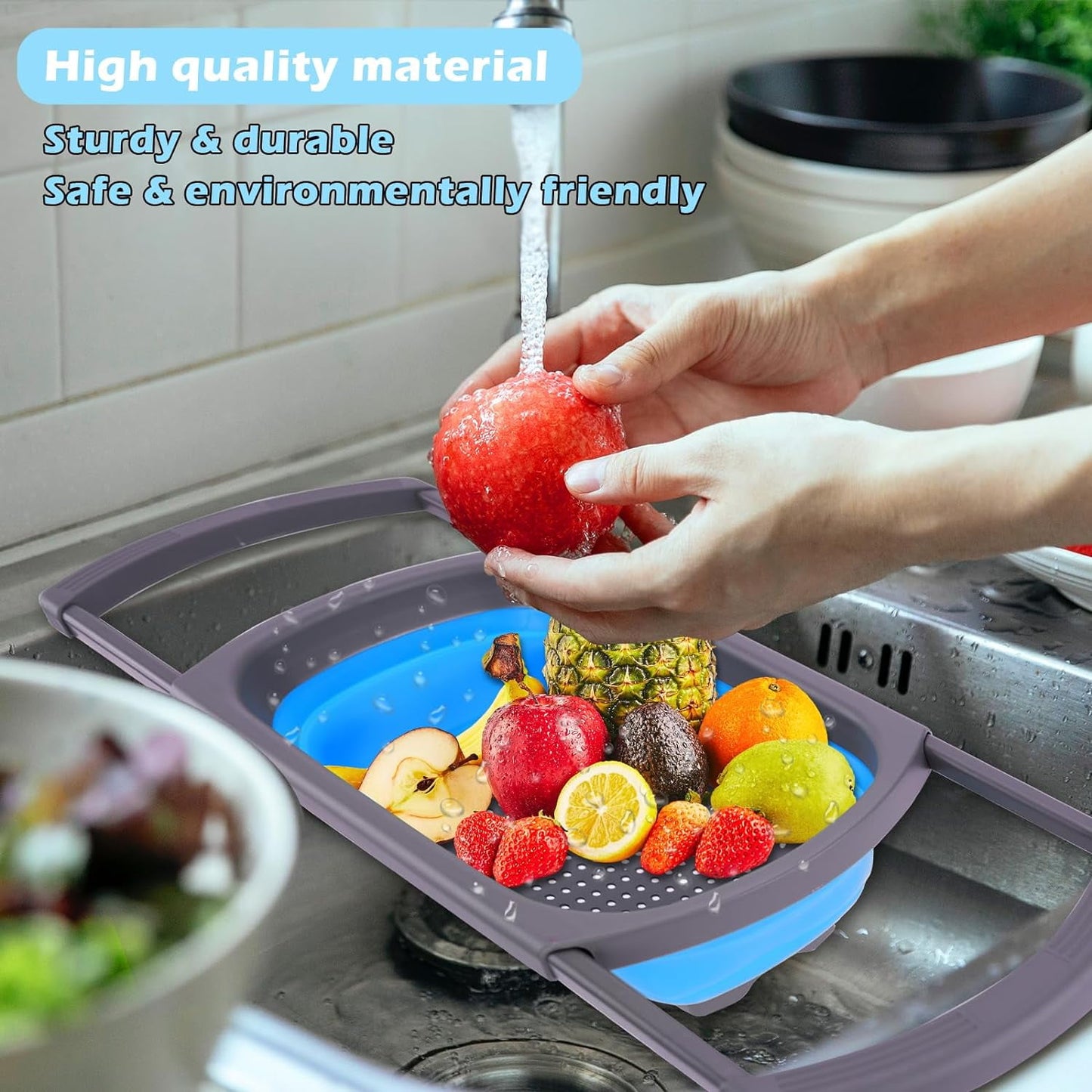 QUMENEY Collapsible Colander Strainer, Over the Sink Colander,Vegetable/Fruit Colanders Strainers with Extendable Handles,6 Quart,Blue