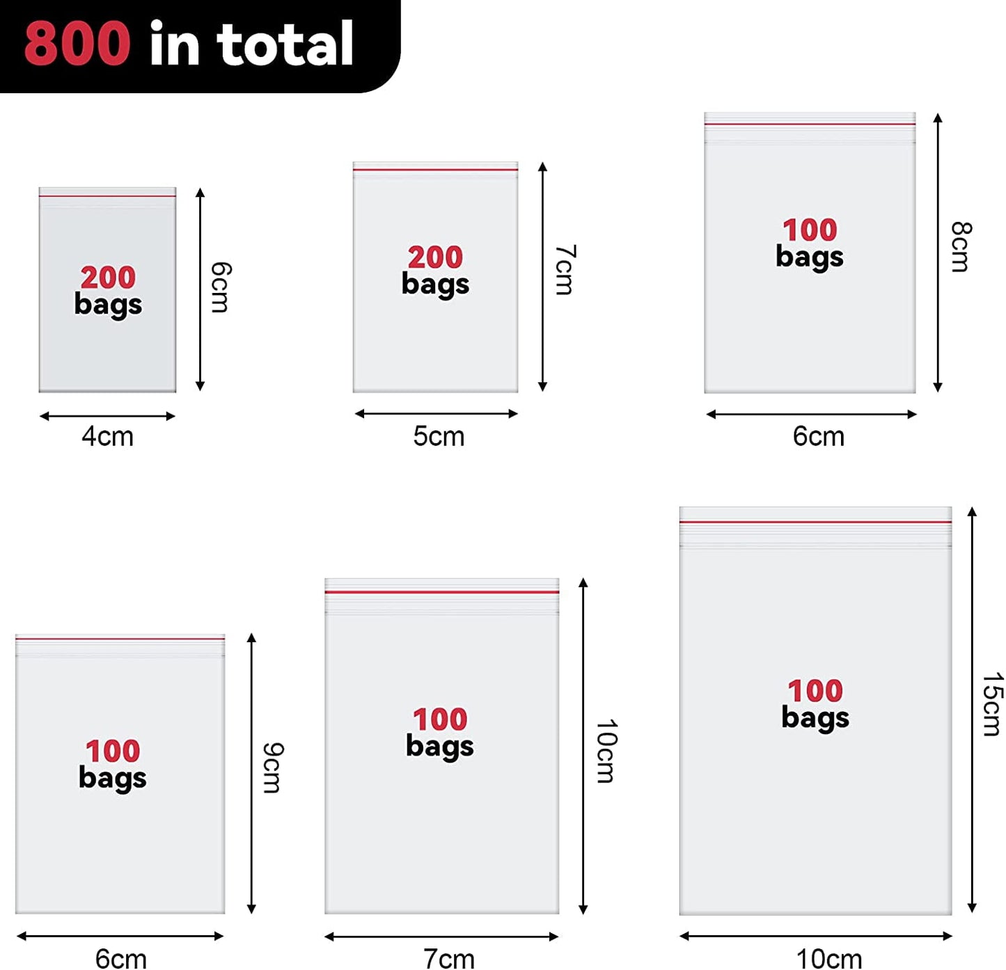 800 Pieces Small Ziplock Bags Clear Jewelry Bags, 4 Assorted Sizes, 1.6 x 2.4/2 x 3/2.5 x 3/2.5 x 3.5/3 x 4/4 x 6 Inch, Resealable Mini Zipl