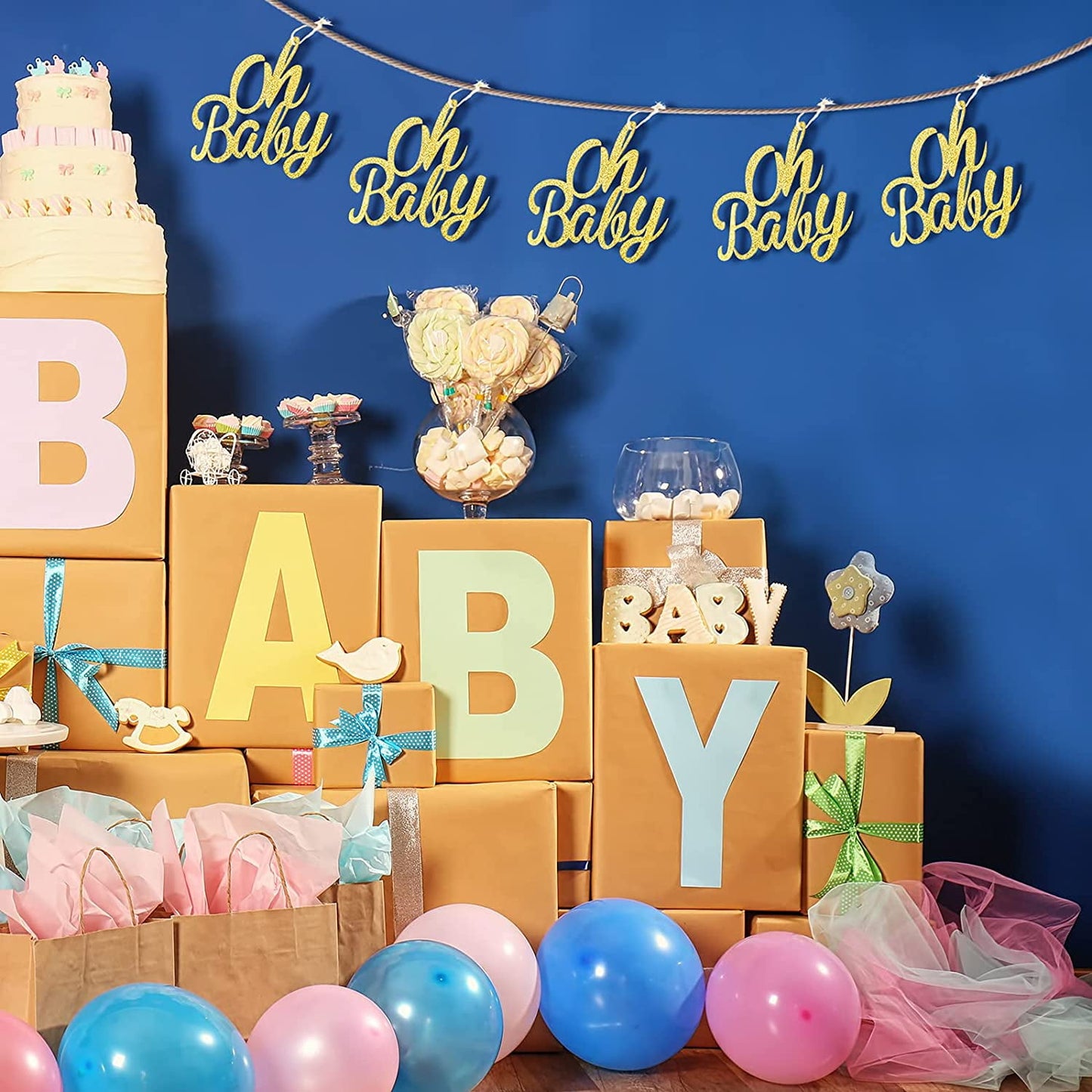 10 Pieces Baby Shower Cutout, Baby Table Centerpiece, Glitter Gender Reveal Party Decoration, Baby Shower Table Decoration with Rope for Hom