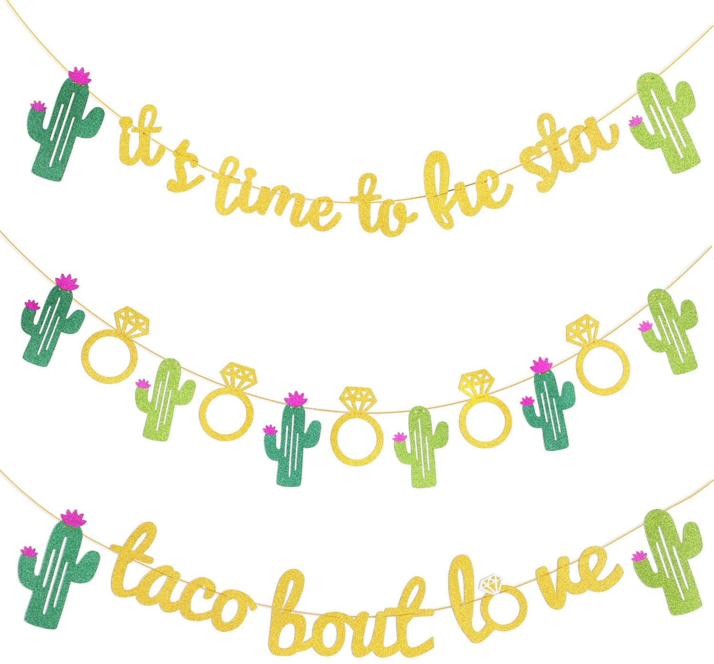 3 Pieces Mexican Fiesta Glitter Banner Taco Bout Love It's Time to Fiesta Cactus Pattern Garland Flag for Baby Shower Bridal Wedding Engagem
