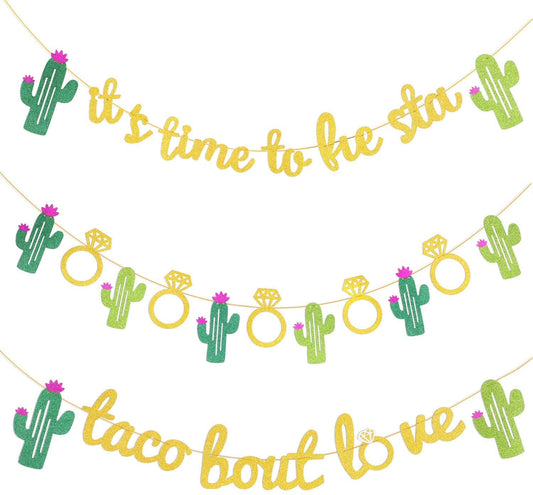 3 Pieces Mexican Fiesta Glitter Banner Taco Bout Love It's Time to Fiesta Cactus Pattern Garland Flag for Baby Shower Bridal Wedding Engagem
