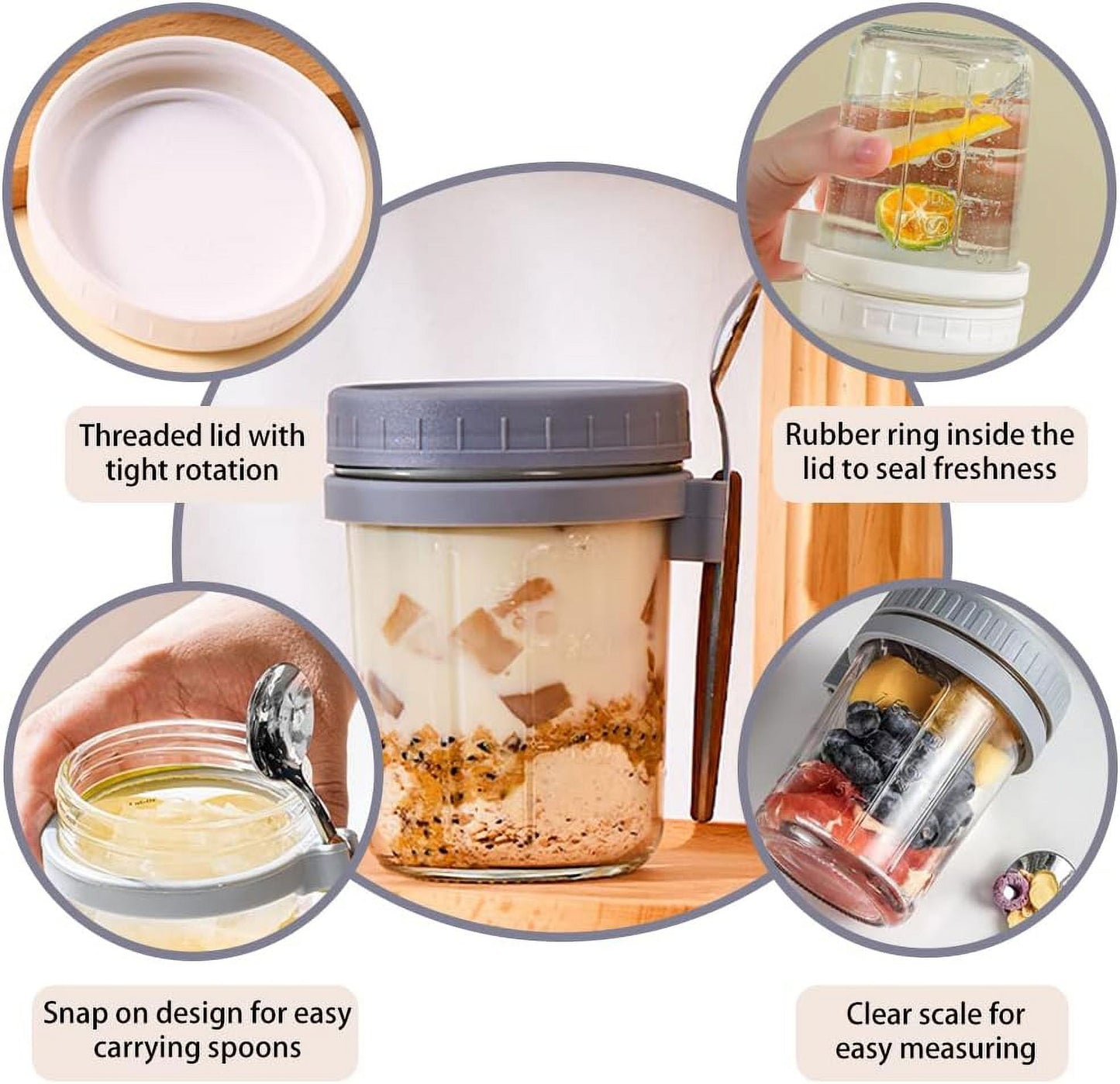 3PCS Overnight Oats Containers with Lids and Spoon, 10oz Overnight Oats Jars, Large Airtight Oatmeal Container with Bag, Glass Mason Jars fo