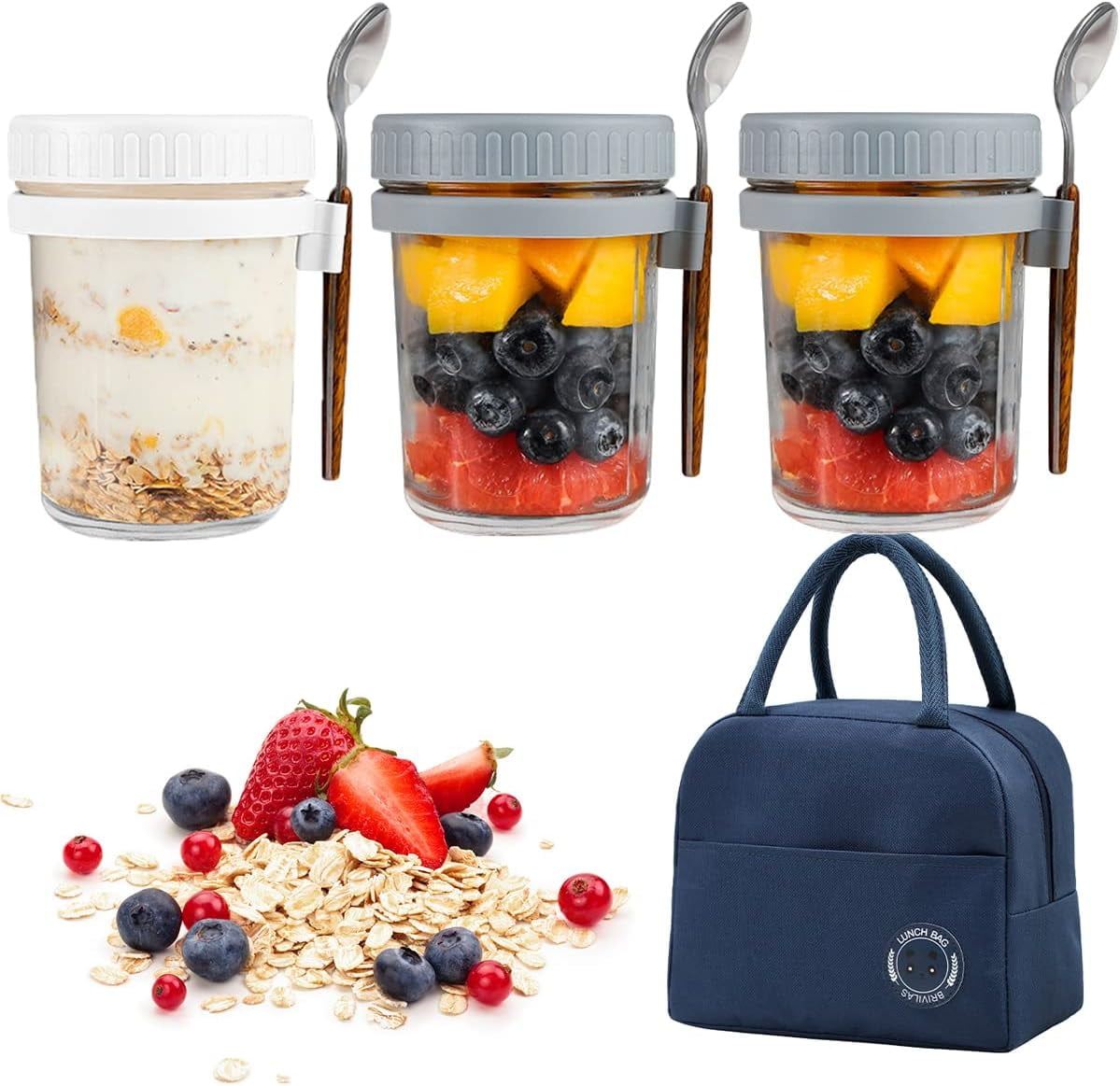 3PCS Overnight Oats Containers with Lids and Spoon, 10oz Overnight Oats Jars, Large Airtight Oatmeal Container with Bag, Glass Mason Jars fo