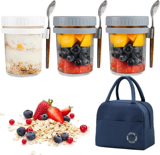 3PCS Overnight Oats Containers with Lids and Spoon, 10oz Overnight Oats Jars, Large Airtight Oatmeal Container with Bag, Glass Mason Jars fo