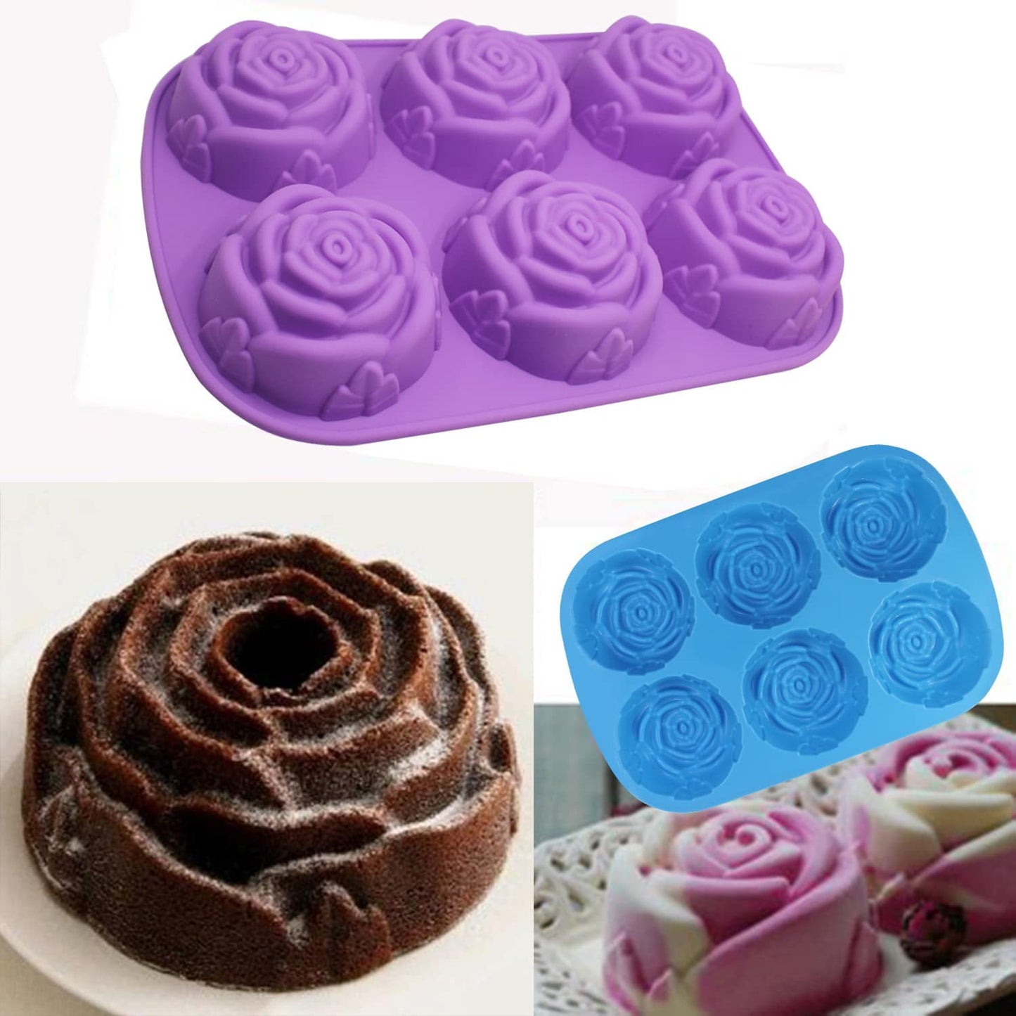 Large Rose Flower Silicone Tray for Cake Bread Pudding Chocolate Muffin Soap, 6-Cavity 3D Ice Cube Handmade Molds- Purple & Blue & Pink