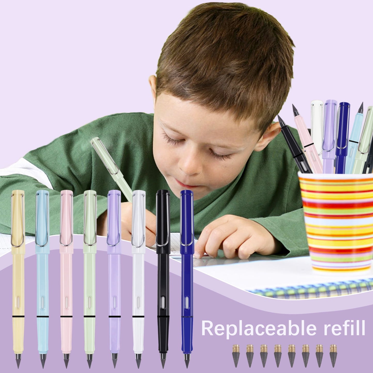 RETON 8Pcs Everlasting Pencil, Infinite Reusable Pencils with 8pcs Replacement Nibs, Inkless Eternal Pencils for Writing Painting Sketching