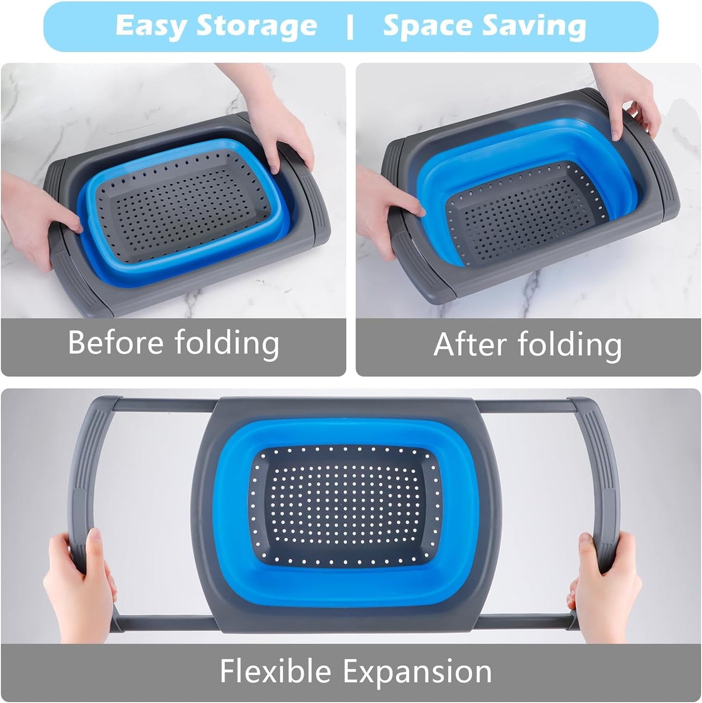 QUMENEY Collapsible Colander Strainer, Over the Sink Colander,Vegetable/Fruit Colanders Strainers with Extendable Handles,6 Quart,Blue