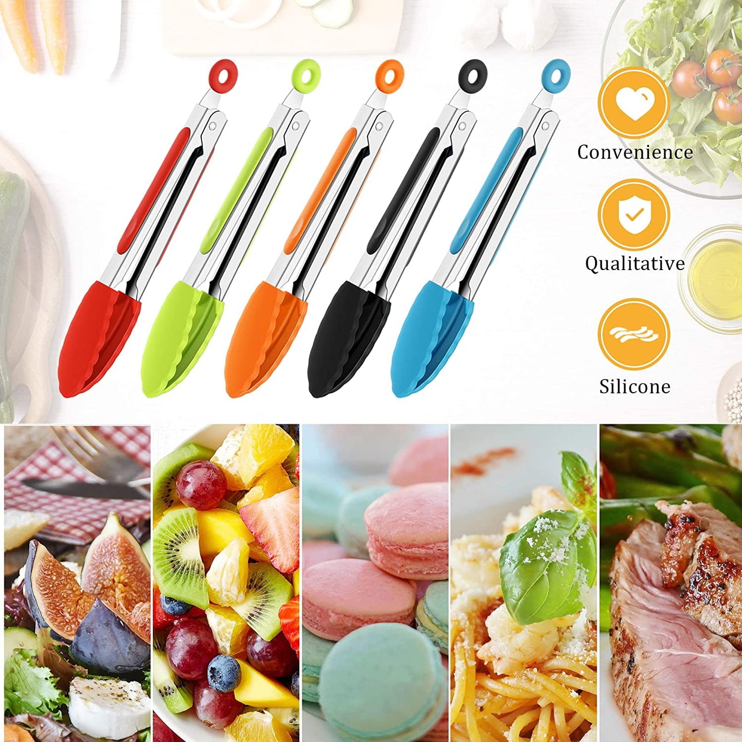 QUMENEY 7 Inch Mini Serving Kitchen Tongs with Silicone Tips, Stainless Steel Tongs for Salad, Grilling, Frying and Cooking, 5 Pieces