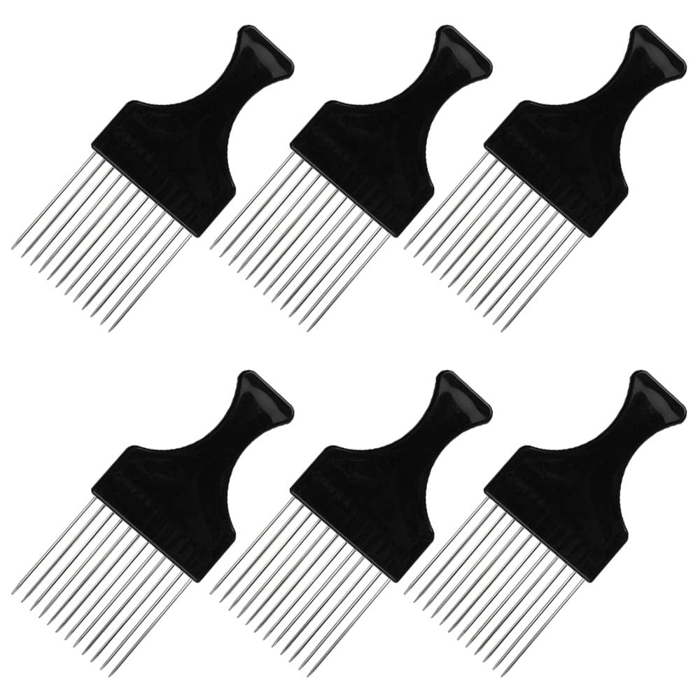6 Packs Afro Comb Metal Pick Comb Curly,Afro Braid Pick Hairdressing Detangle Wig Braid Hair Styling Comb Styling Tool- Black