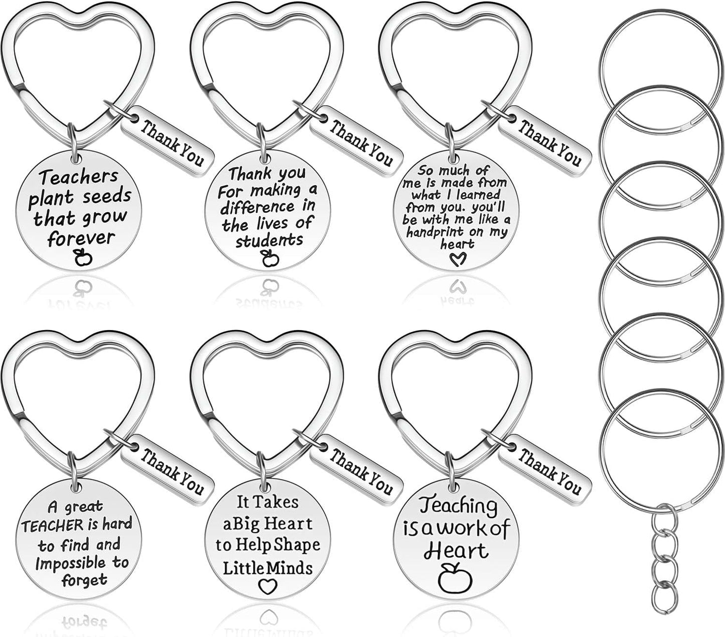6 Pcs Teacher Appreciation Gift Keychain for Women Thank You Teacher Keychain Heart Shaped Keychain Inspirational 2023 Teacher's Day Jewelry