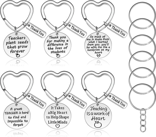 6 Pcs Teacher Appreciation Gift Keychain for Women Thank You Teacher Keychain Heart Shaped Keychain Inspirational 2023 Teacher's Day Jewelry