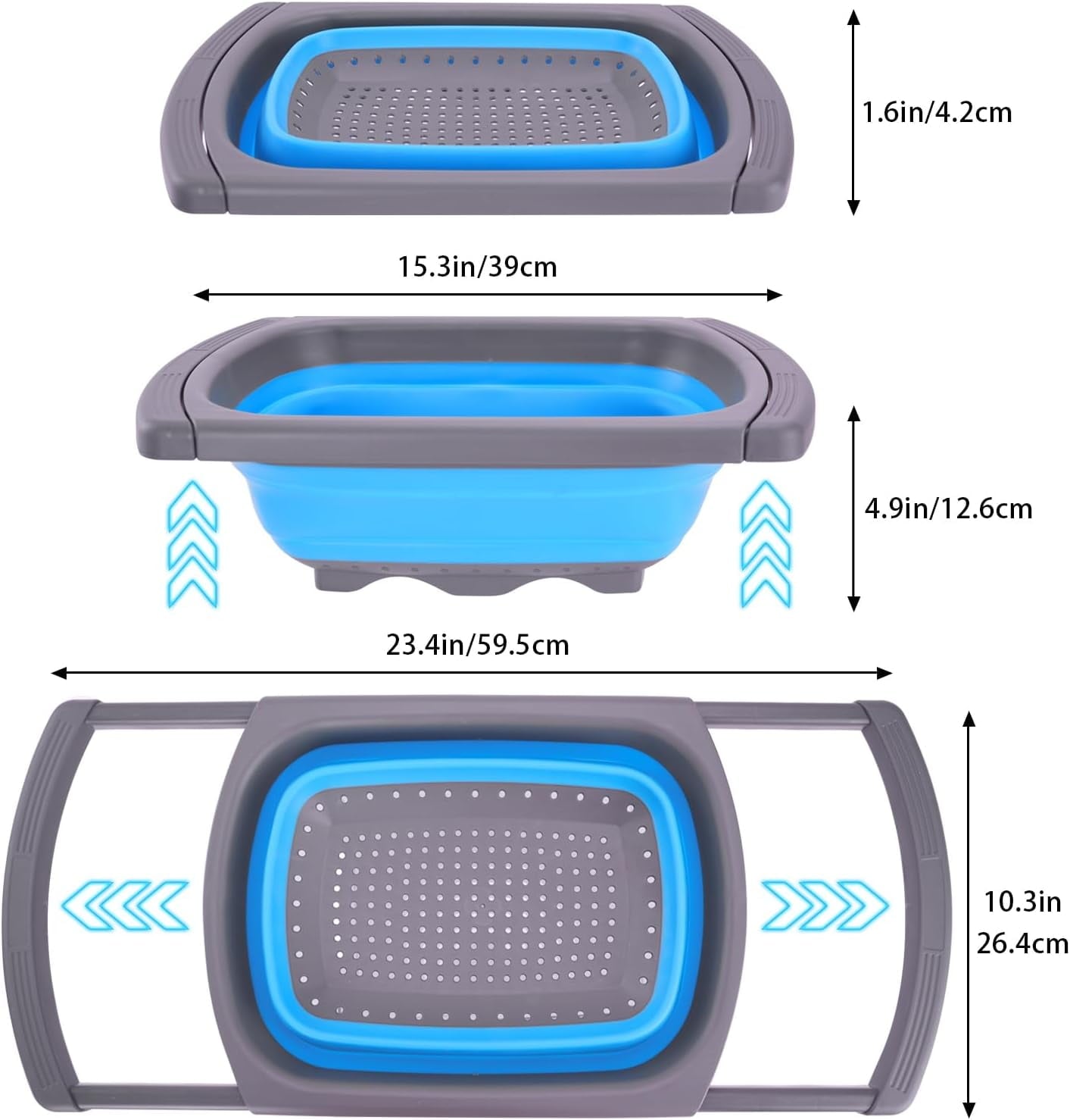 QUMENEY Collapsible Colander Strainer, Over the Sink Colander,Vegetable/Fruit Colanders Strainers with Extendable Handles,6 Quart,Blue
