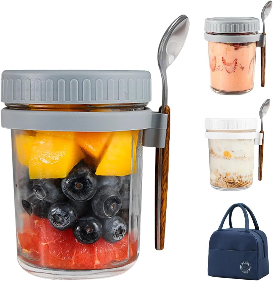 3PCS Overnight Oats Containers with Lids and Spoon, 10oz Overnight Oats Jars, Large Airtight Oatmeal Container with Bag, Glass Mason Jars fo