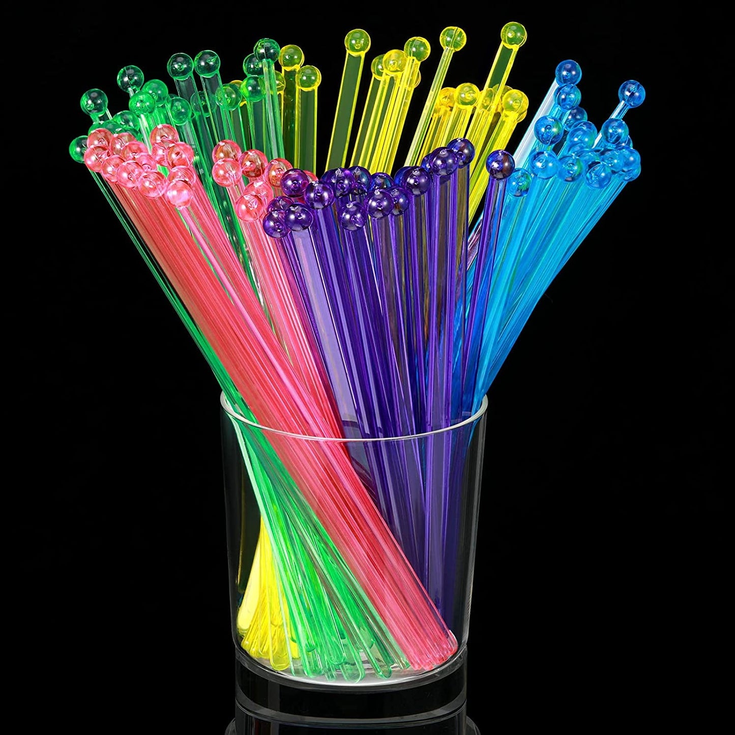 QUMENEY 100 Pieces Disposable Plastic Round Top Crystal Swizzle Sticks (Rainbow Color)