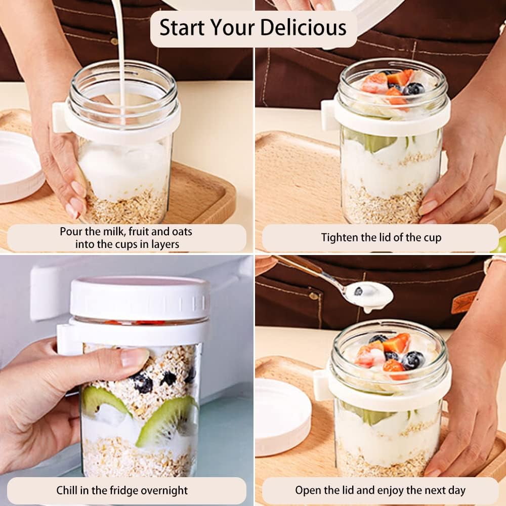 3PCS Overnight Oats Containers with Lids and Spoon, 10oz Overnight Oats Jars, Large Airtight Oatmeal Container with Bag, Glass Mason Jars fo