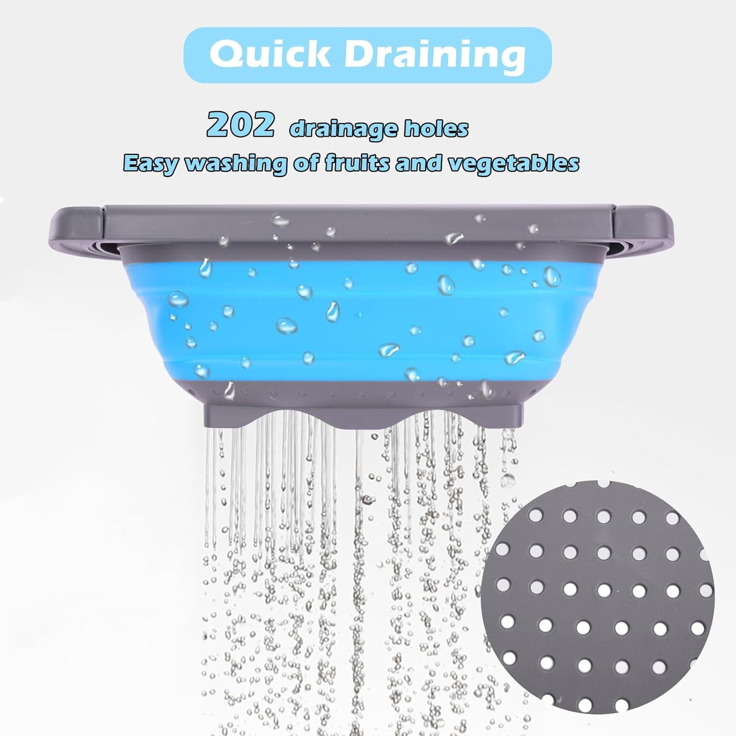 QUMENEY Collapsible Colander Strainer, Over the Sink Colander,Vegetable/Fruit Colanders Strainers with Extendable Handles,6 Quart,Blue