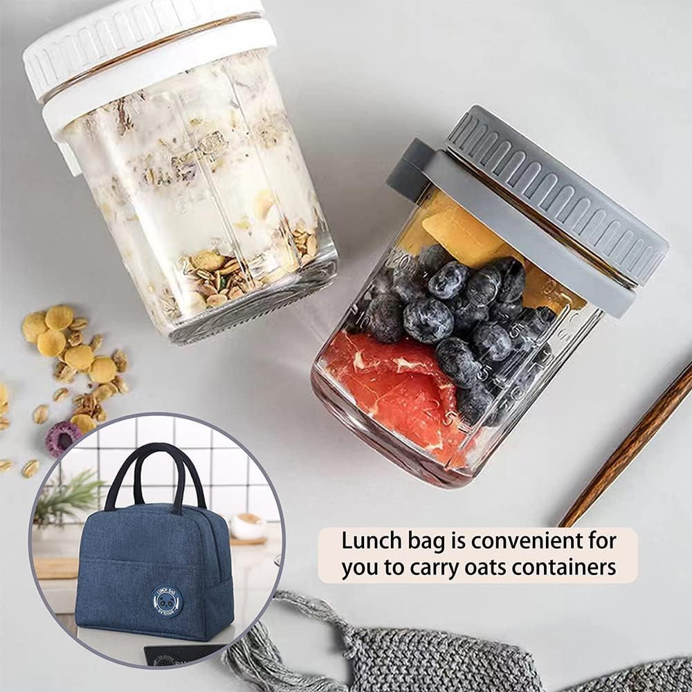 3PCS Overnight Oats Containers with Lids and Spoon, 10oz Overnight Oats Jars, Large Airtight Oatmeal Container with Bag, Glass Mason Jars fo
