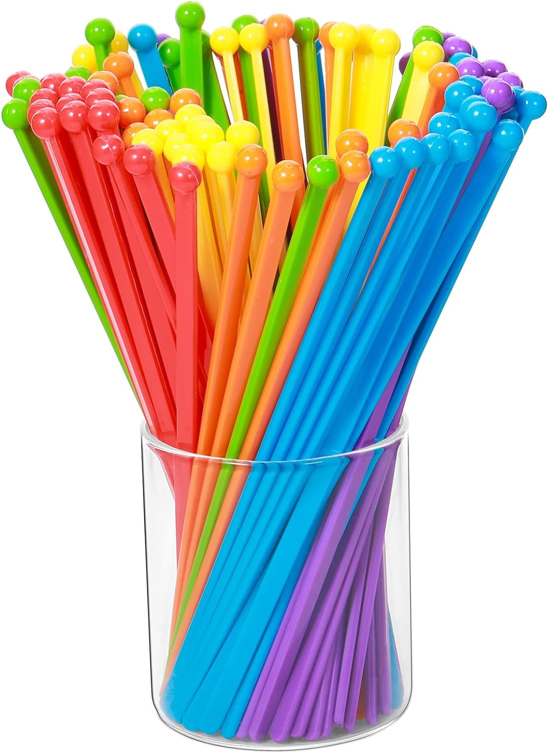 QUMENEY 100 Pieces Disposable Plastic Round Top Crystal Swizzle Sticks (Rainbow Color)