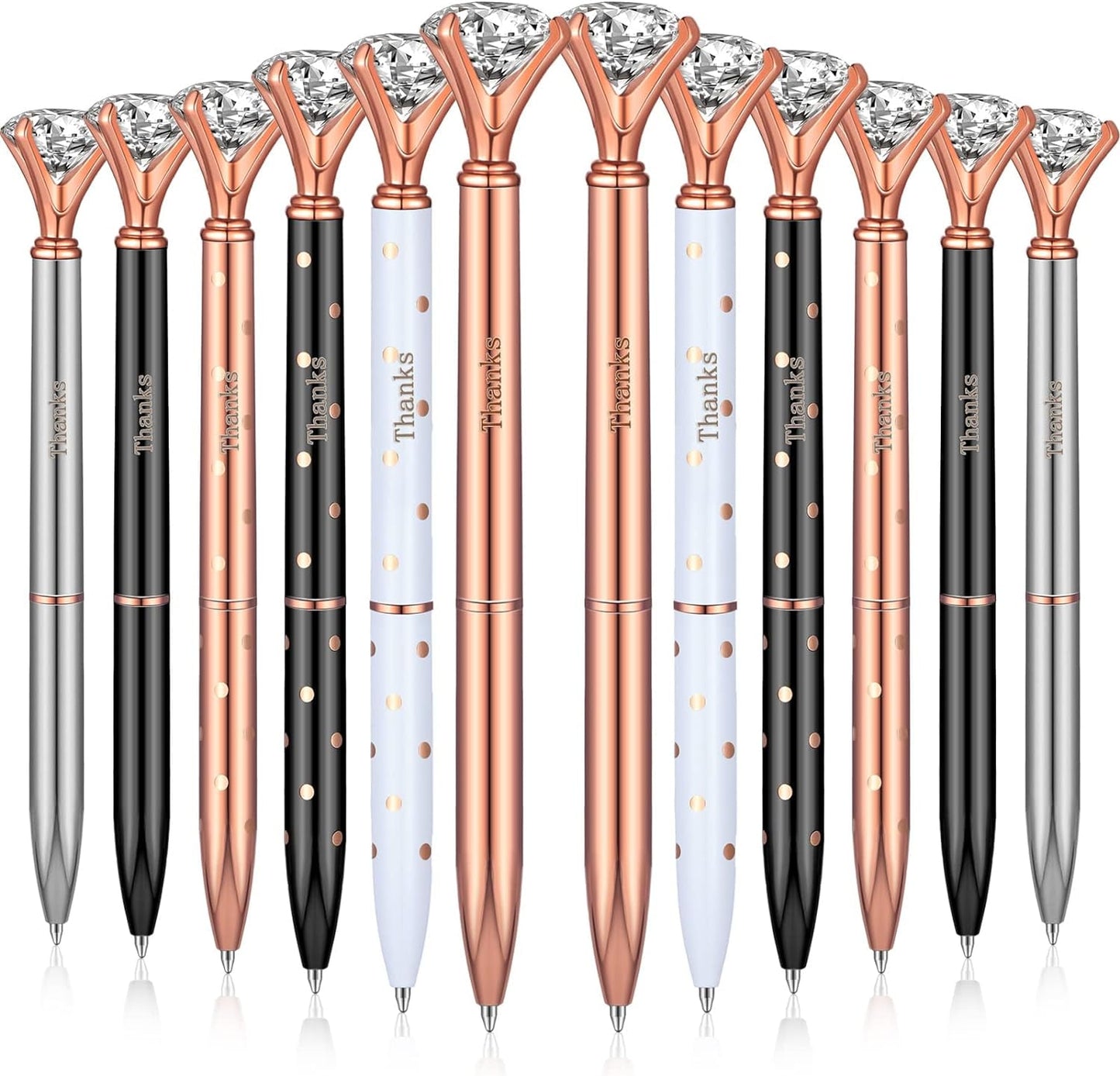 QUMENEY 12Pcs Thanks Diamond Ballpoint Pens Rhinestones Black Ink Pens Bling Metal Gel Ink Pen Thanks Present for Event Party Employee Appre