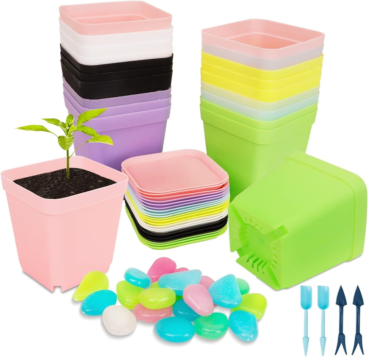 QUMENEY 21 Pack Colorful Flower Pots Square Plastic Plant Pots, Seedling Nursery Pots with Saucer for Succulents, Planter Container Indoor O