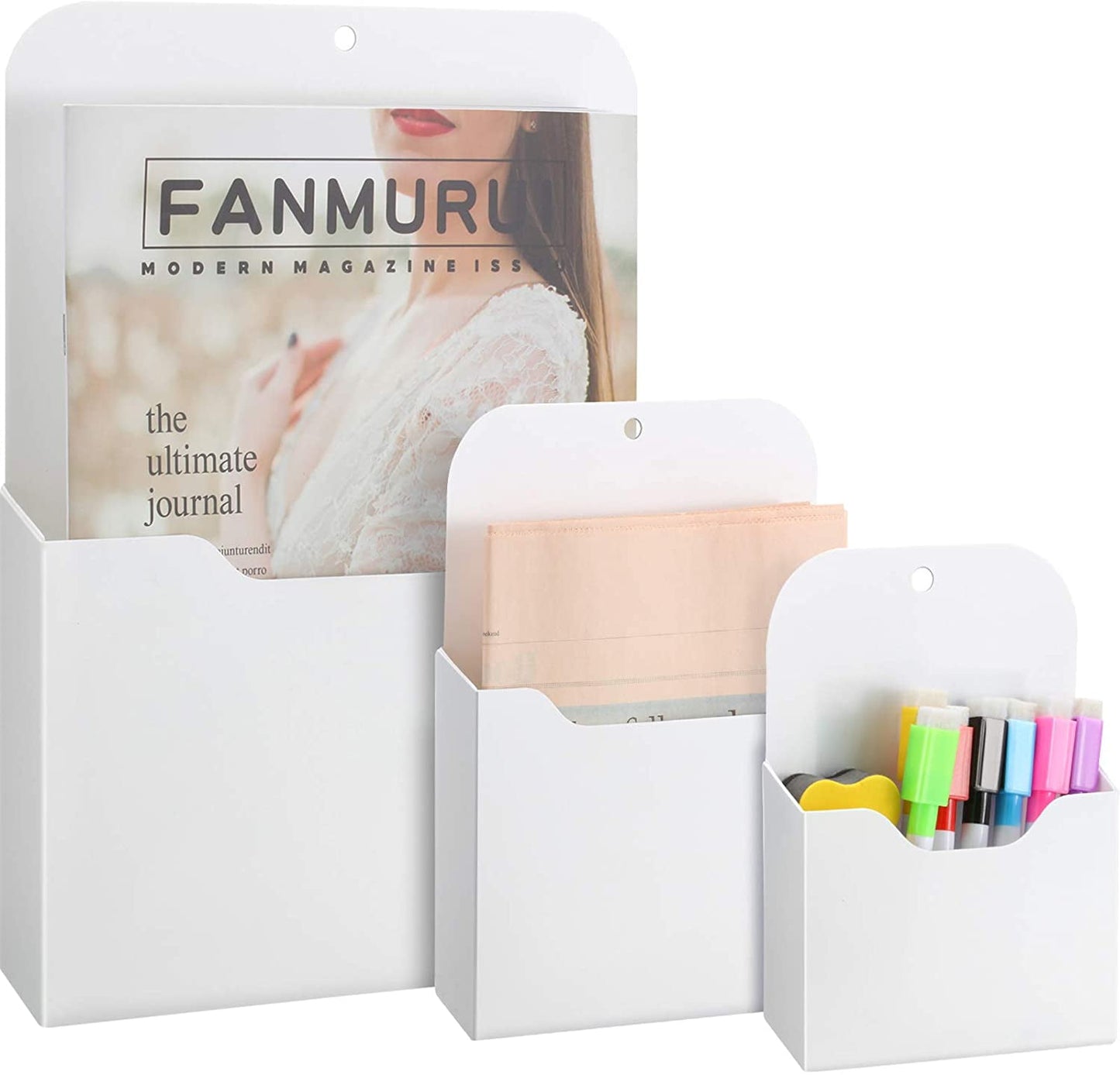 QUMENEY 3 Pack Magnetic File Holder, Large Size Refrigerator Magnetic Holder for Pen, Paper, Markers, Notebooks, Letter, Good for Class Whit
