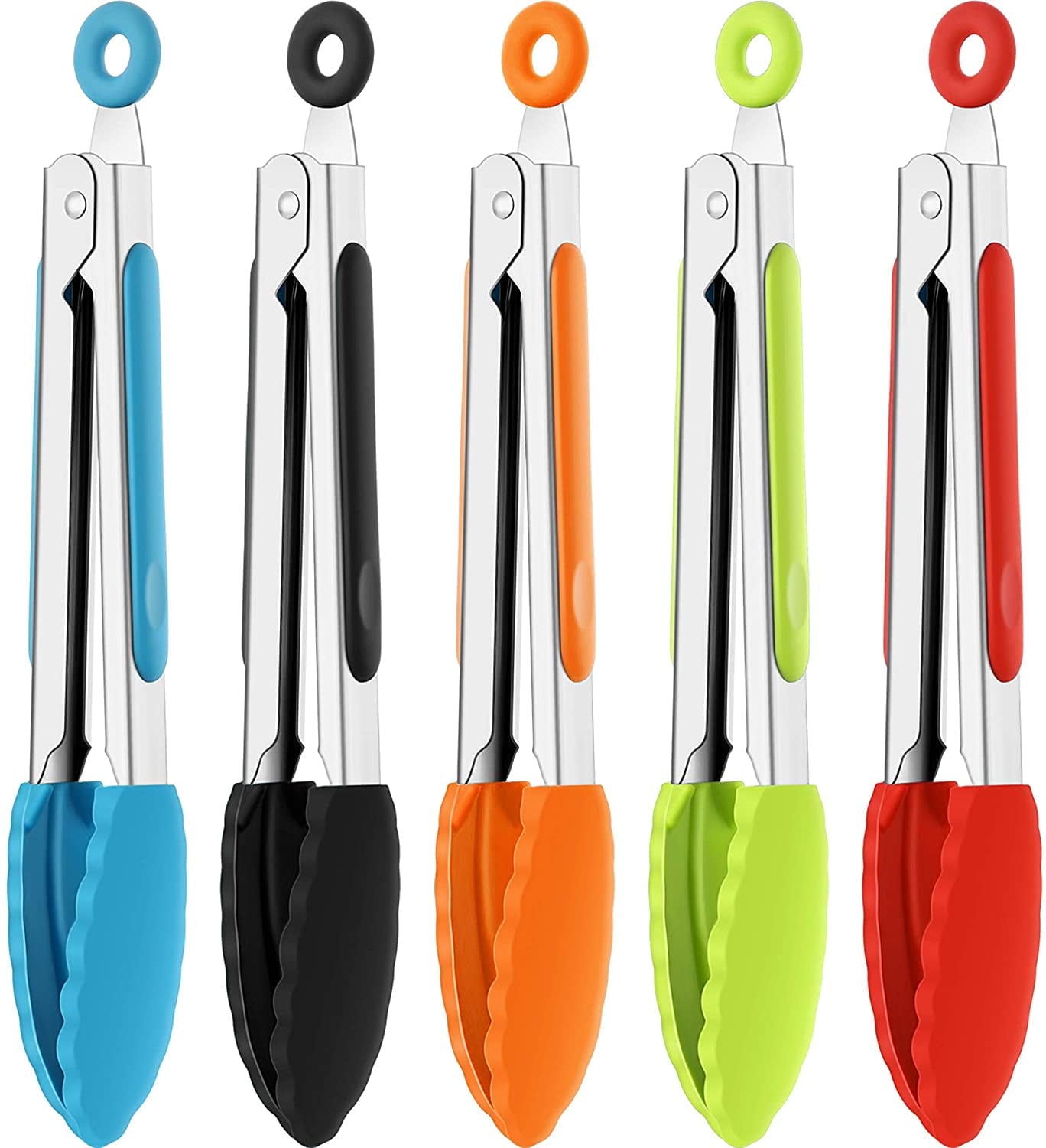QUMENEY 7 Inch Mini Serving Kitchen Tongs with Silicone Tips, Stainless Steel Tongs for Salad, Grilling, Frying and Cooking, 5 Pieces