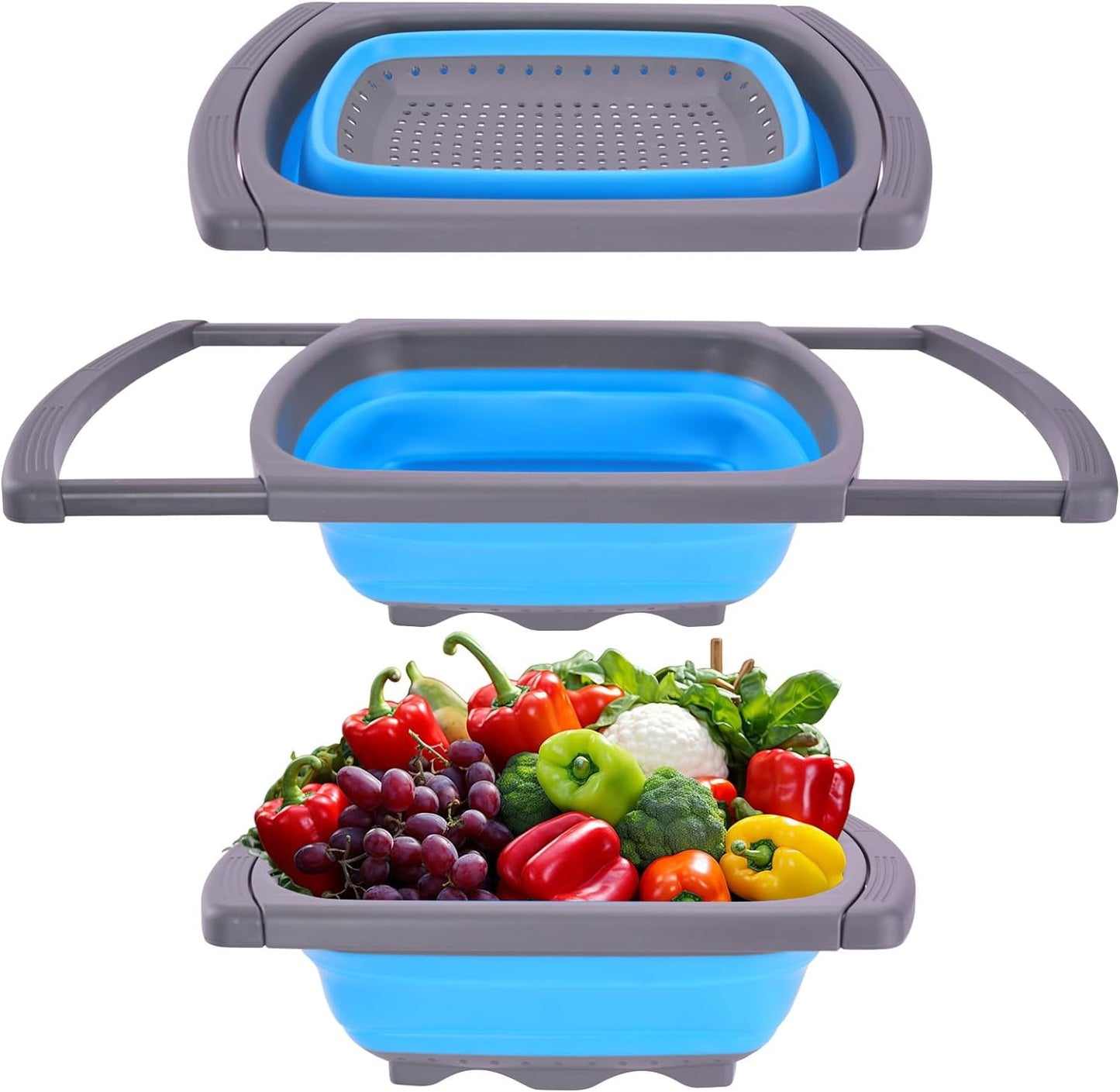 QUMENEY Collapsible Colander Strainer, Over the Sink Colander,Vegetable/Fruit Colanders Strainers with Extendable Handles,6 Quart,Blue