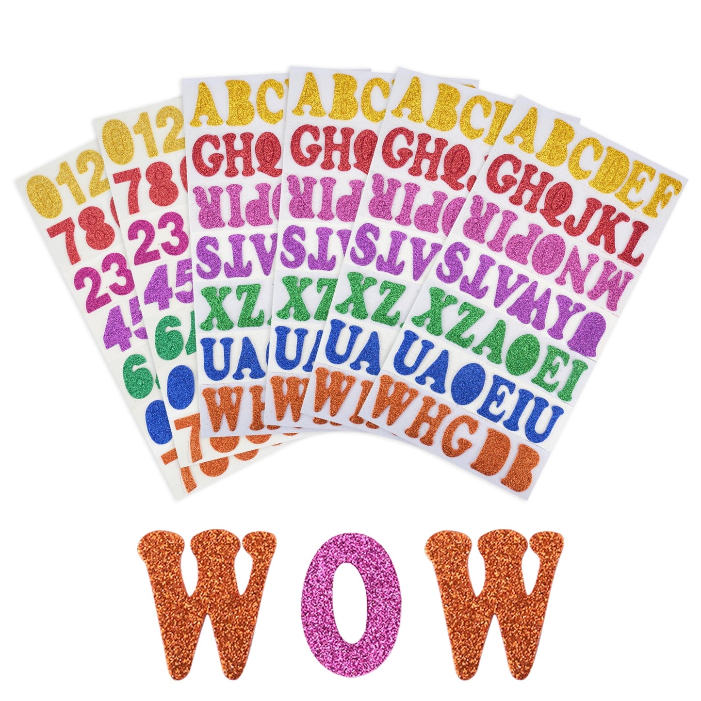 QUMENEY Glitter Foam Letters Stickers 6 Sheets Randomized style Self Adhesive Alphabet Number Stickers,Craft Embellishments for Decorating S