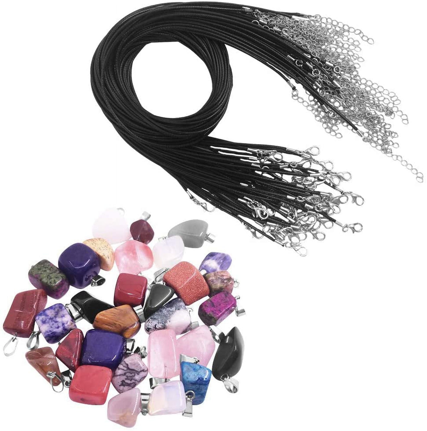 Set of 75, Black Waxed Cord with Clasp Bulk and Mixed Irregular Healing Stone Beads, findTop 50 Pcs Necklace Cord Bulk (20 Inch) and Crystal