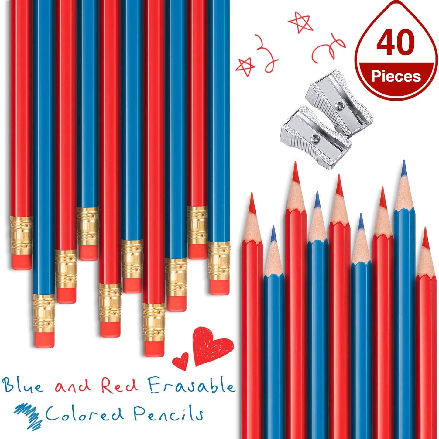 40 Counts Erasable Colored Pencils Red Blue Colored Pencils with Eraser and 2 Pieces Mini Metal Pencil Sharpeners