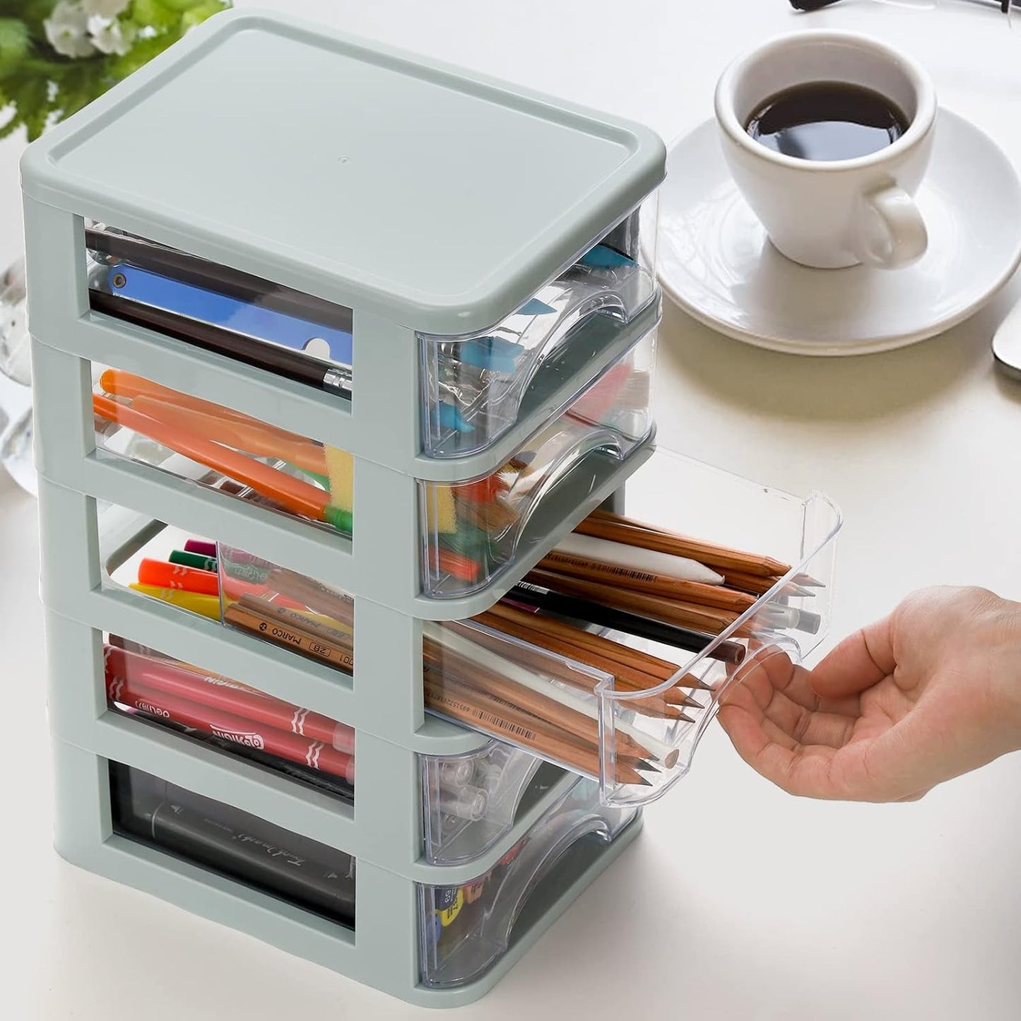 QUMENEY Desktop Drawer, Clear 5-Drawer Desktop Storage Unit, Small Organizer Box Storage Container Case, Frame with Clear Drawers, Drawer Un