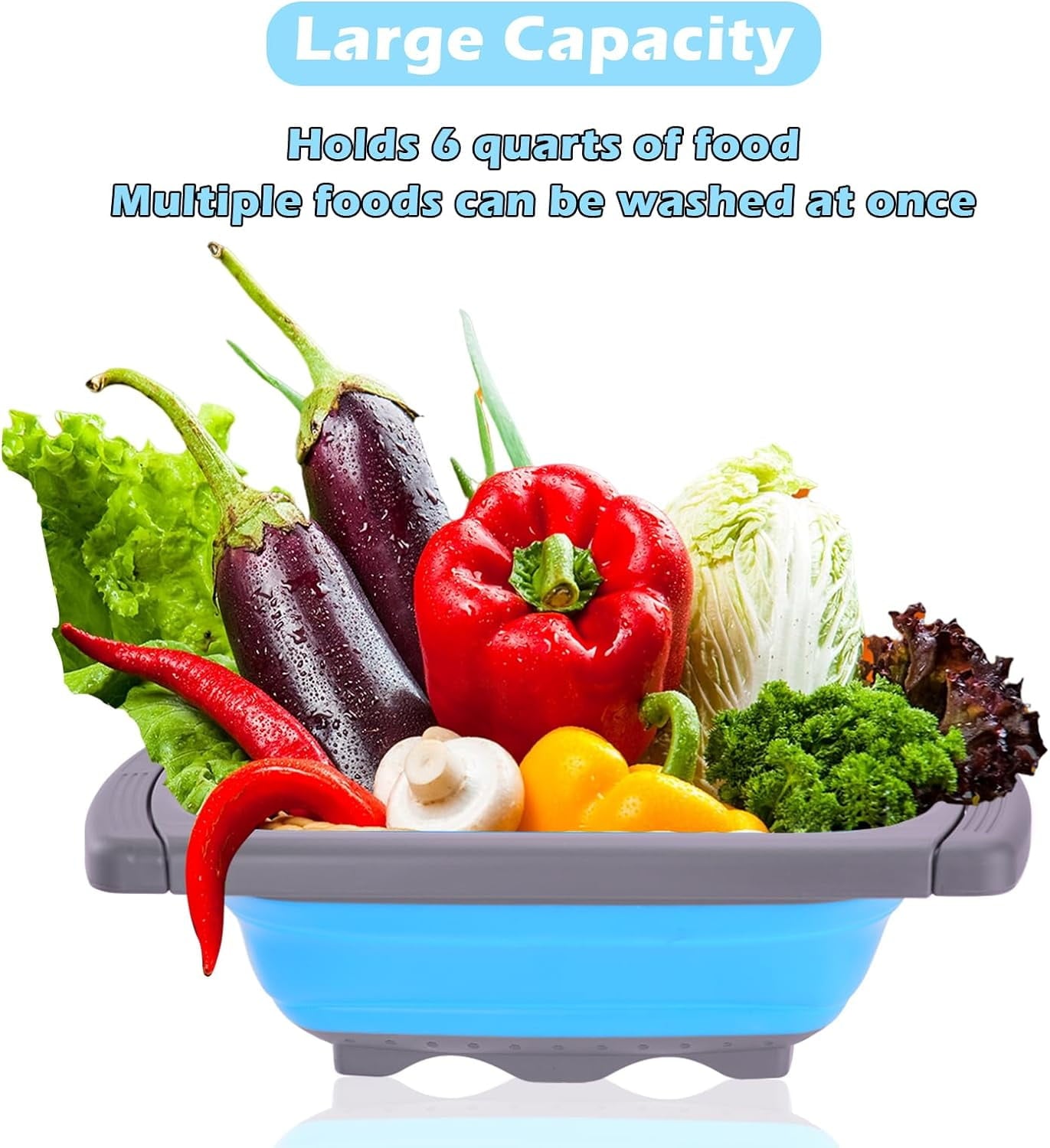 QUMENEY Collapsible Colander Strainer, Over the Sink Colander,Vegetable/Fruit Colanders Strainers with Extendable Handles,6 Quart,Blue