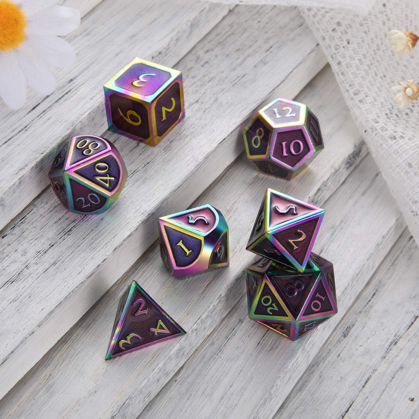 7 Pieces Metal Dices Set DND Game Polyhedral Solid Metal D&D Dice Set with Storage Bag and Zinc Alloy with Enamel for Role Playing Game Dung