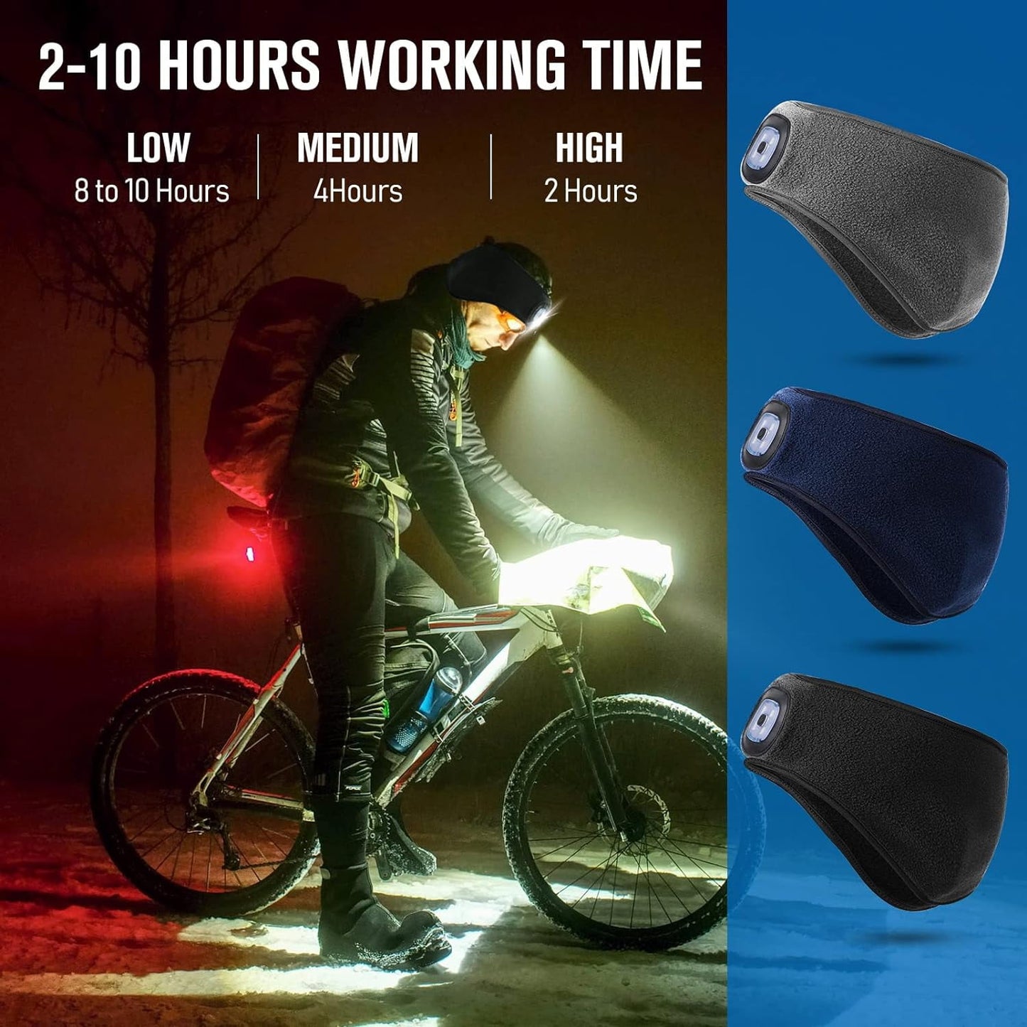 QUMENEY 3 Pieces LED Headband with Light Rechargeable Fleece Ear Warmer Elastic Headband Winter Headlamp with Light