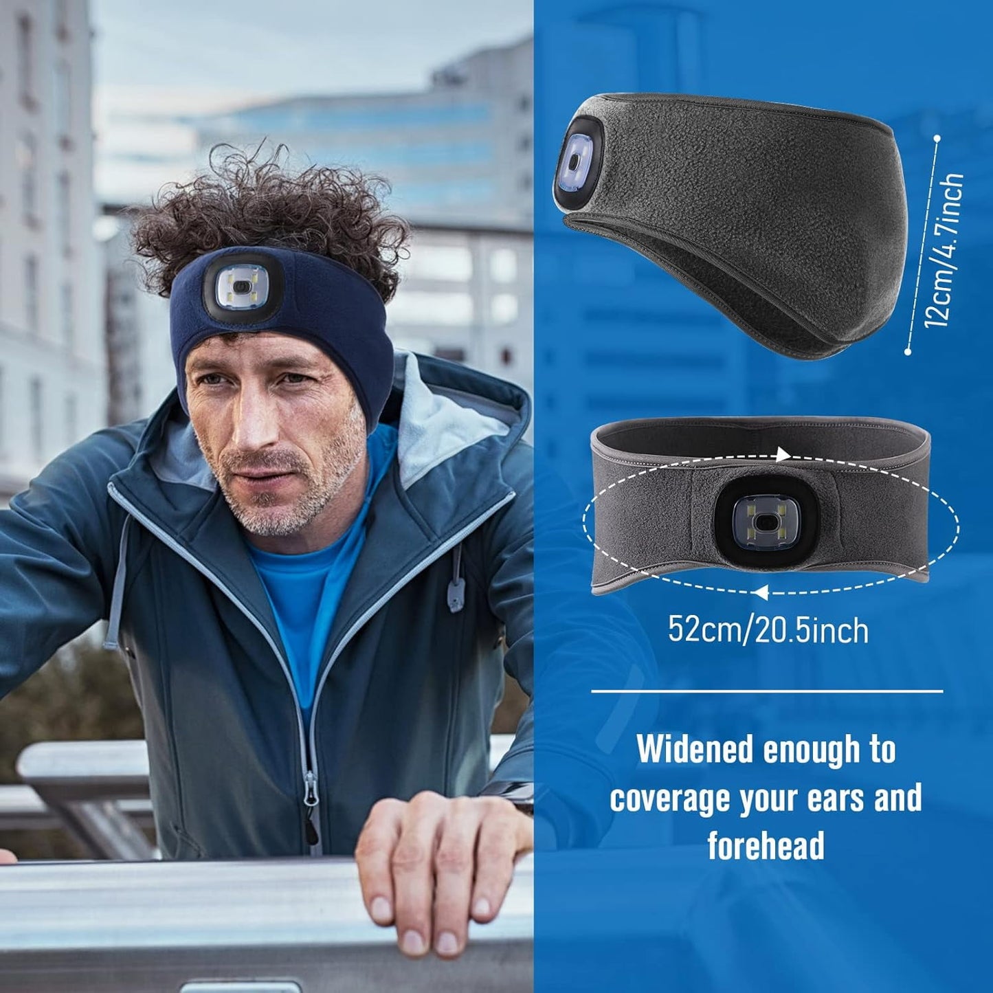 QUMENEY 3 Pieces LED Headband with Light Rechargeable Fleece Ear Warmer Elastic Headband Winter Headlamp with Light