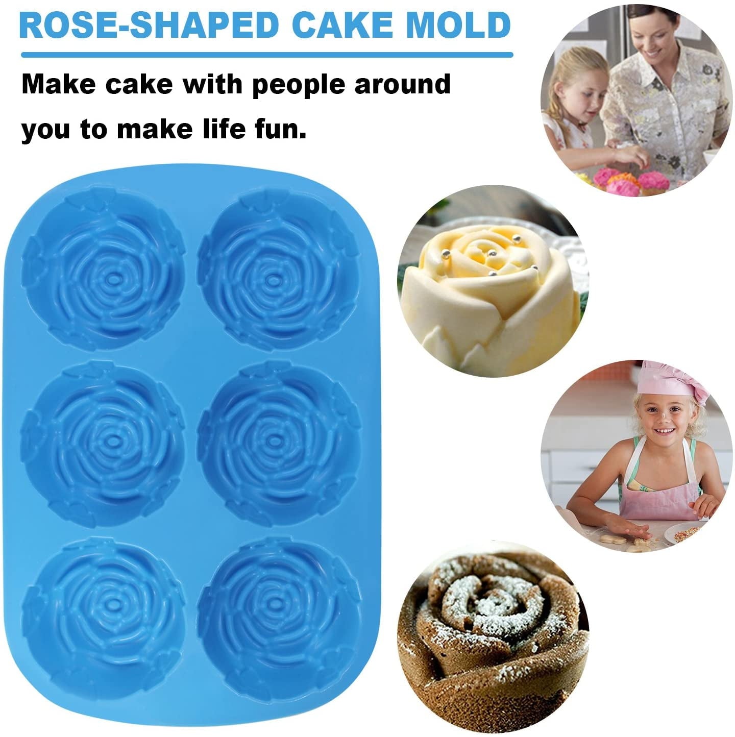 Large Rose Flower Silicone Tray for Cake Bread Pudding Chocolate Muffin Soap, 6-Cavity 3D Ice Cube Handmade Molds- Purple & Blue & Pink