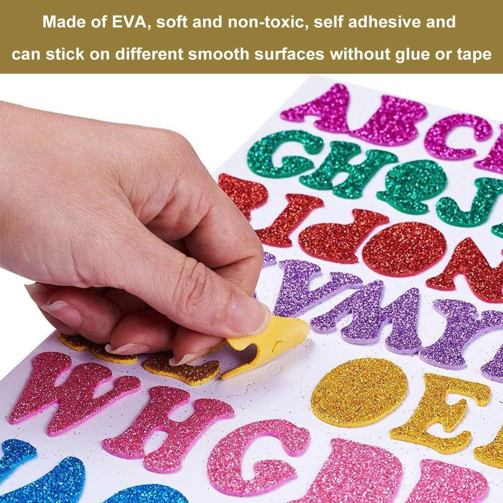 QUMENEY Glitter Foam Letters Stickers 6 Sheets Randomized style Self Adhesive Alphabet Number Stickers,Craft Embellishments for Decorating S