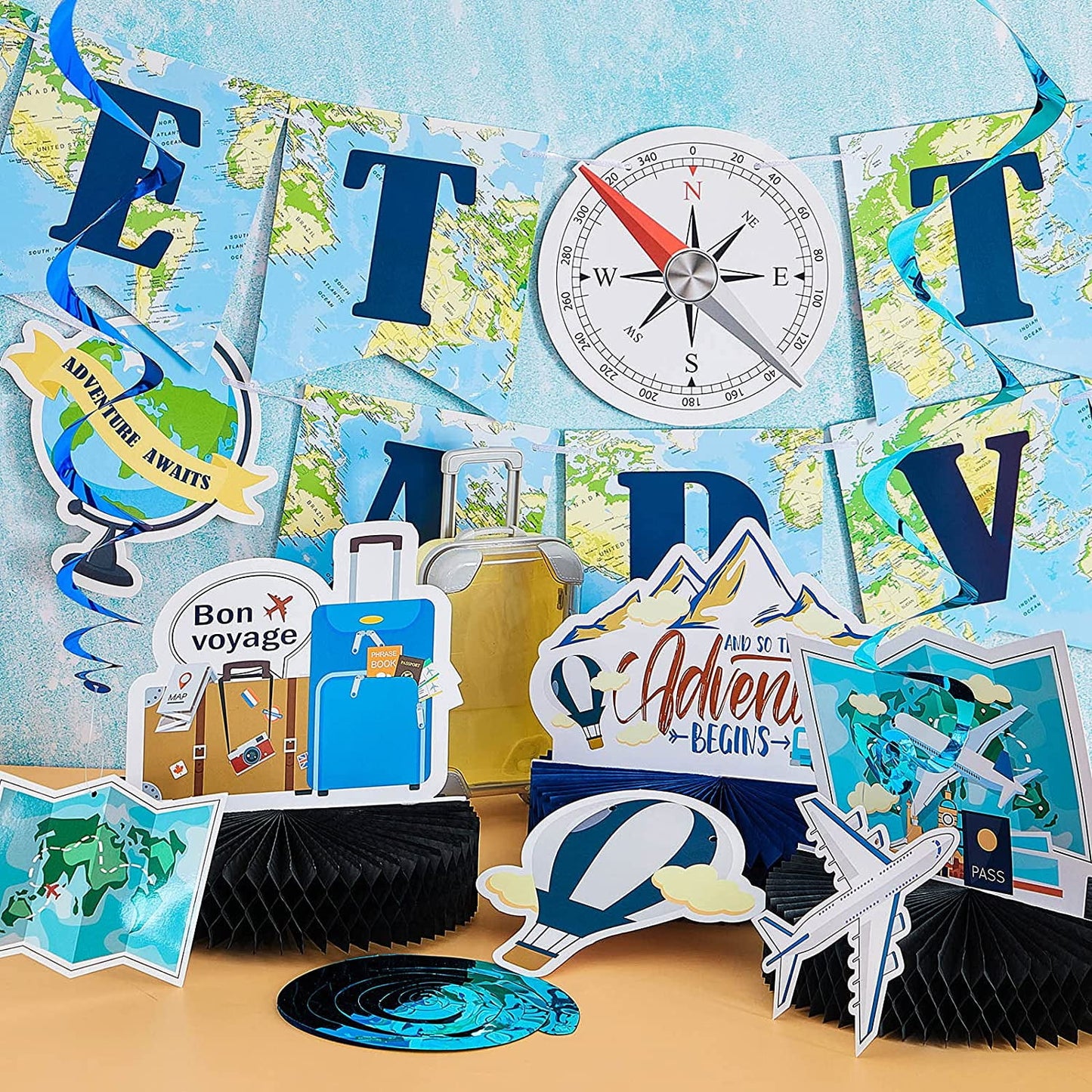 16 Pieces Travel Themed Party Decorations Let the Adventure Begin Banner Bon Voyage Party Decorations Travel Honeycomb Centerpieces for Trav