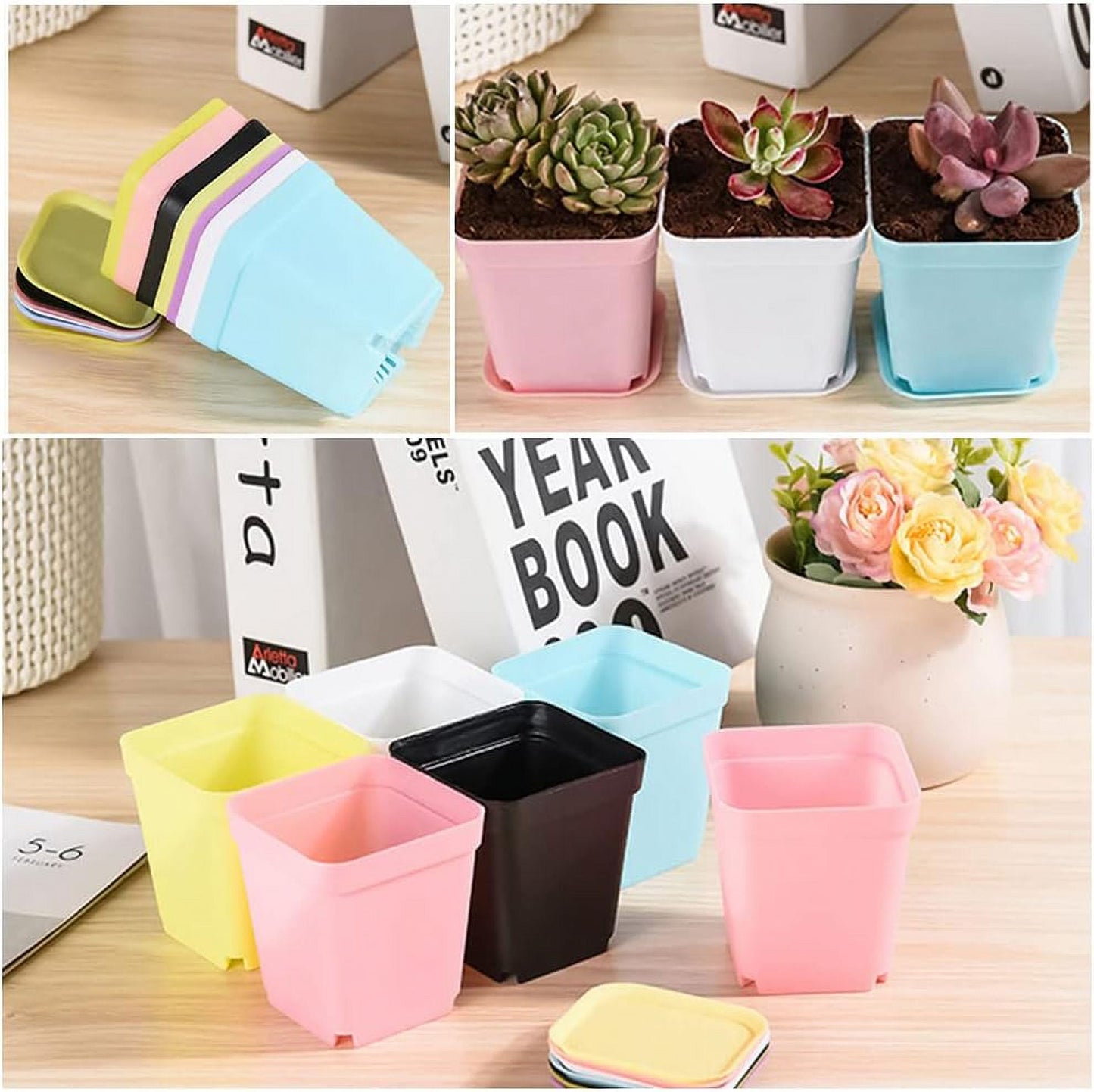 QUMENEY 21 Pack Colorful Flower Pots Square Plastic Plant Pots, Seedling Nursery Pots with Saucer for Succulents, Planter Container Indoor O