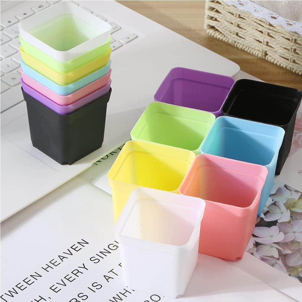 QUMENEY 21 Pack Colorful Flower Pots Square Plastic Plant Pots, Seedling Nursery Pots with Saucer for Succulents, Planter Container Indoor O