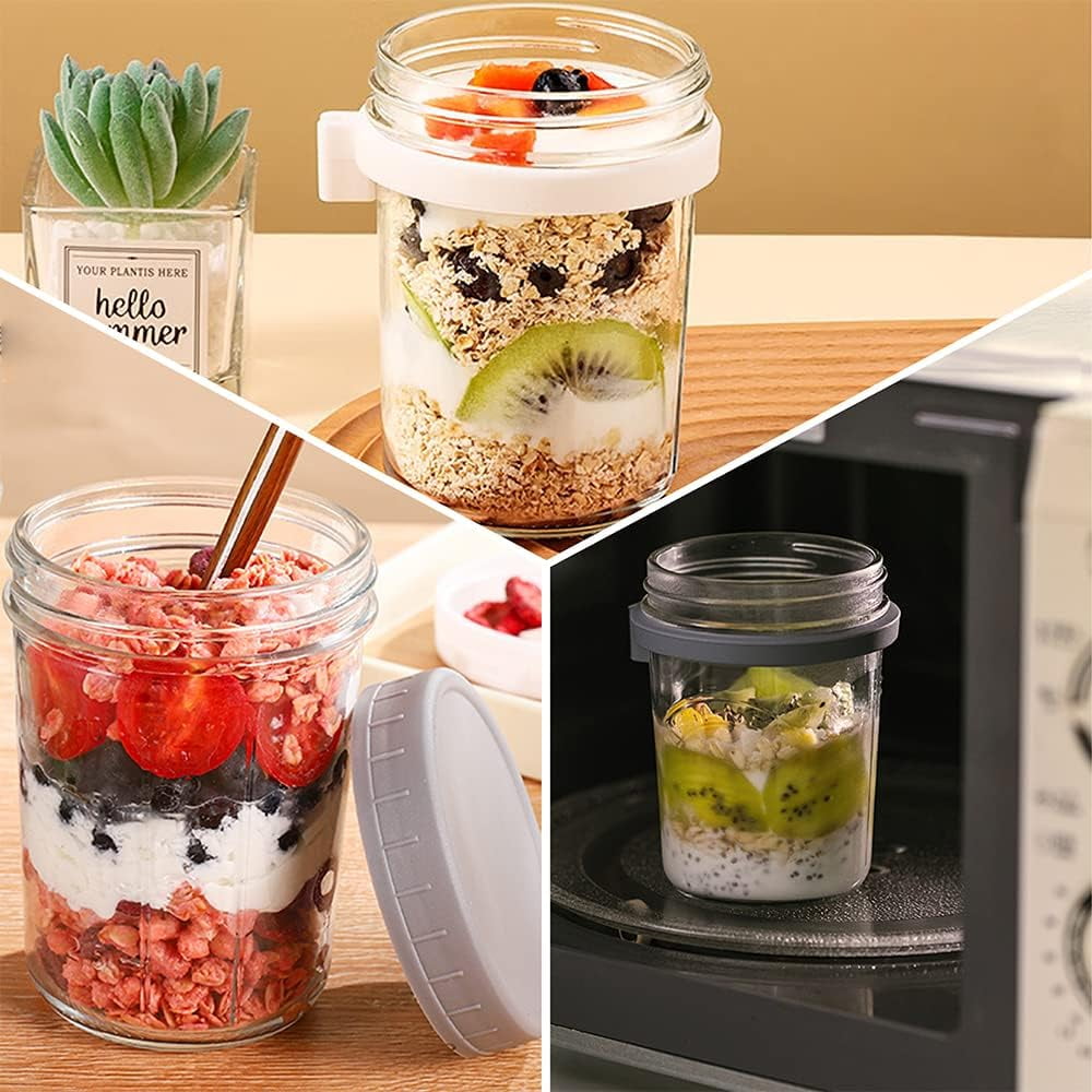 3PCS Overnight Oats Containers with Lids and Spoon, 10oz Overnight Oats Jars, Large Airtight Oatmeal Container with Bag, Glass Mason Jars fo