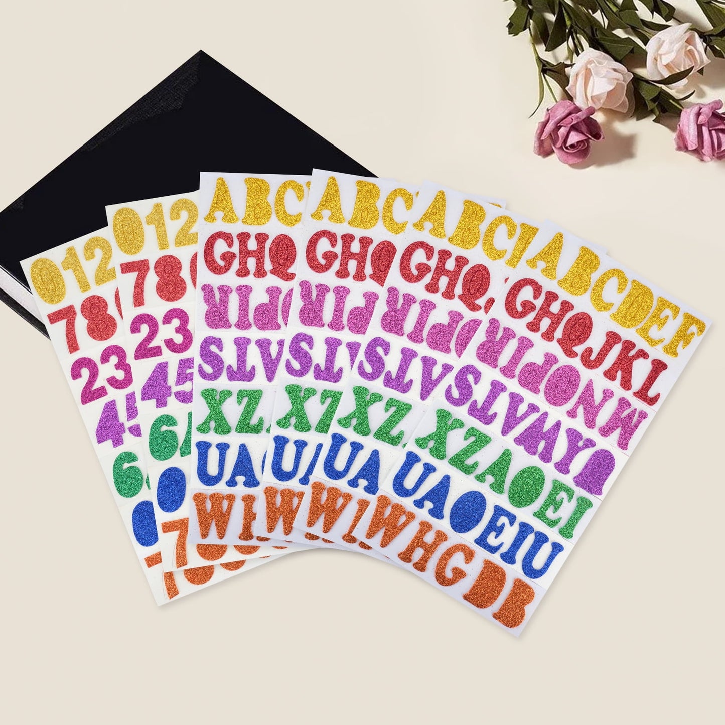 QUMENEY Glitter Foam Letters Stickers 6 Sheets Randomized style Self Adhesive Alphabet Number Stickers,Craft Embellishments for Decorating S