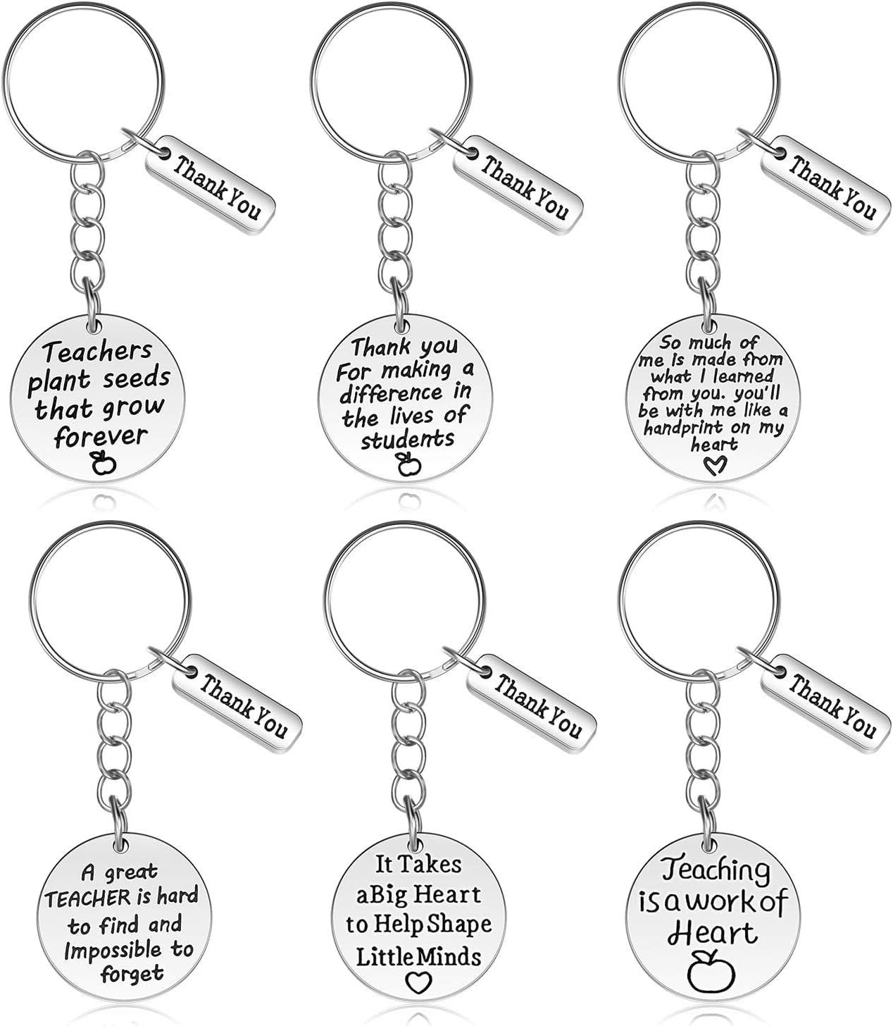 6 Pcs Teacher Appreciation Gift Keychain for Women Thank You Teacher Keychain Heart Shaped Keychain Inspirational 2023 Teacher's Day Jewelry