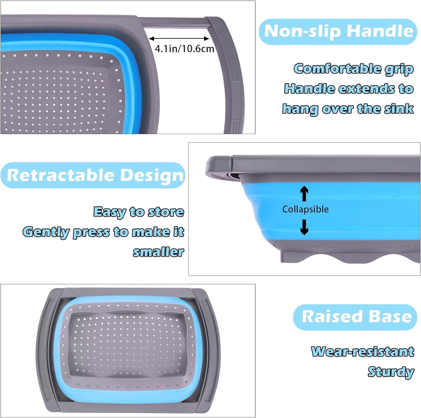 QUMENEY Collapsible Colander Strainer, Over the Sink Colander,Vegetable/Fruit Colanders Strainers with Extendable Handles,6 Quart,Blue