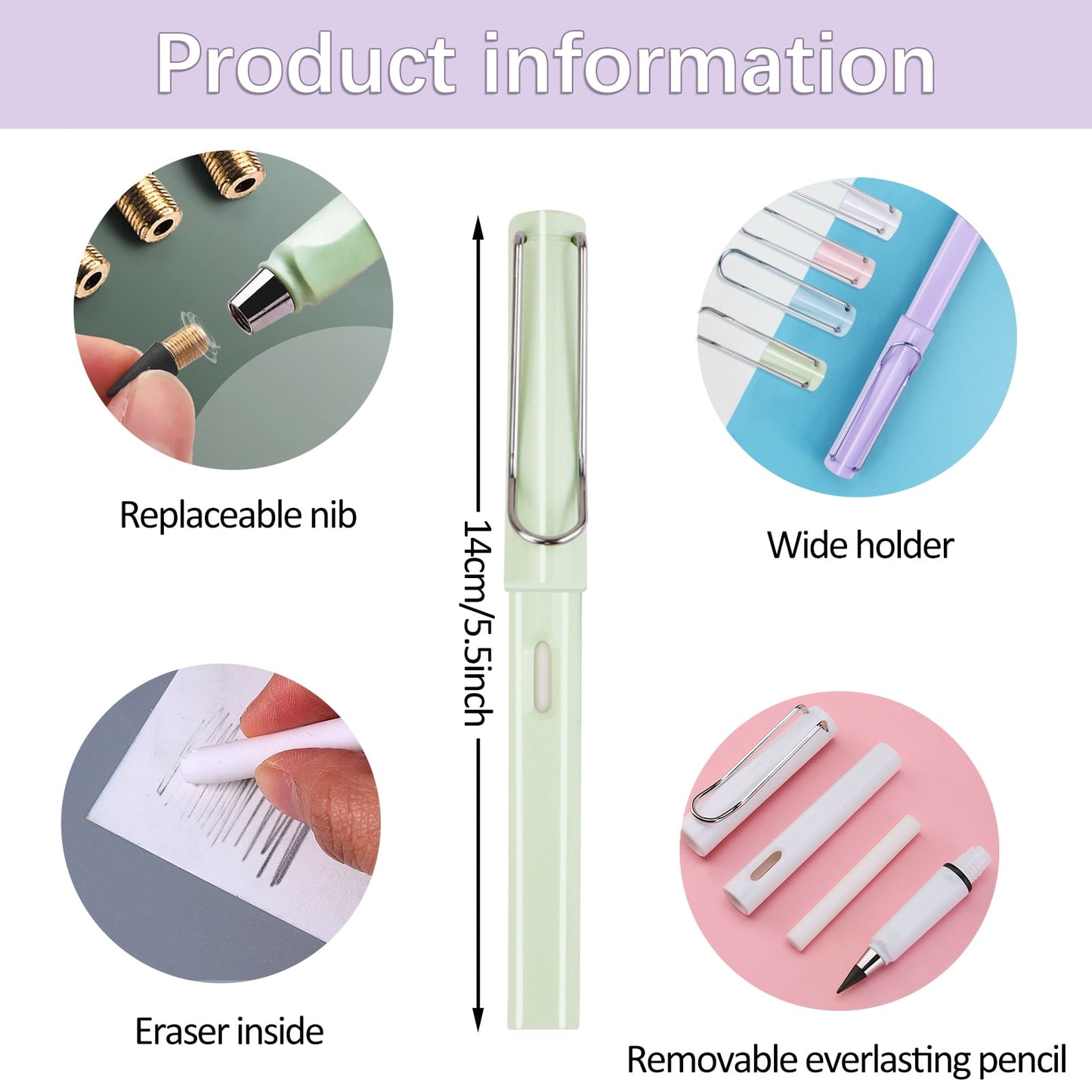 RETON 8Pcs Everlasting Pencil, Infinite Reusable Pencils with 8pcs Replacement Nibs, Inkless Eternal Pencils for Writing Painting Sketching