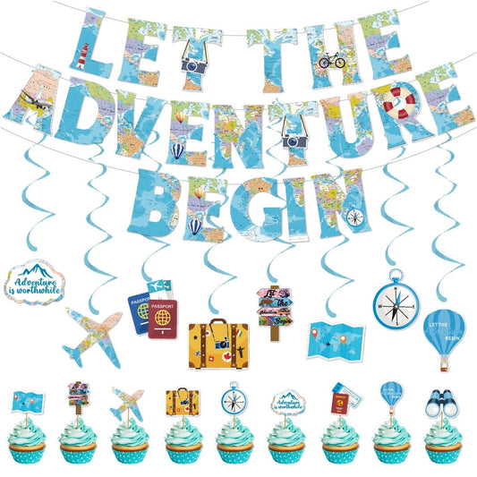 16 Pieces Travel Themed Party Decorations Let the Adventure Begin Banner Bon Voyage Party Decorations Travel Honeycomb Centerpieces for Trav